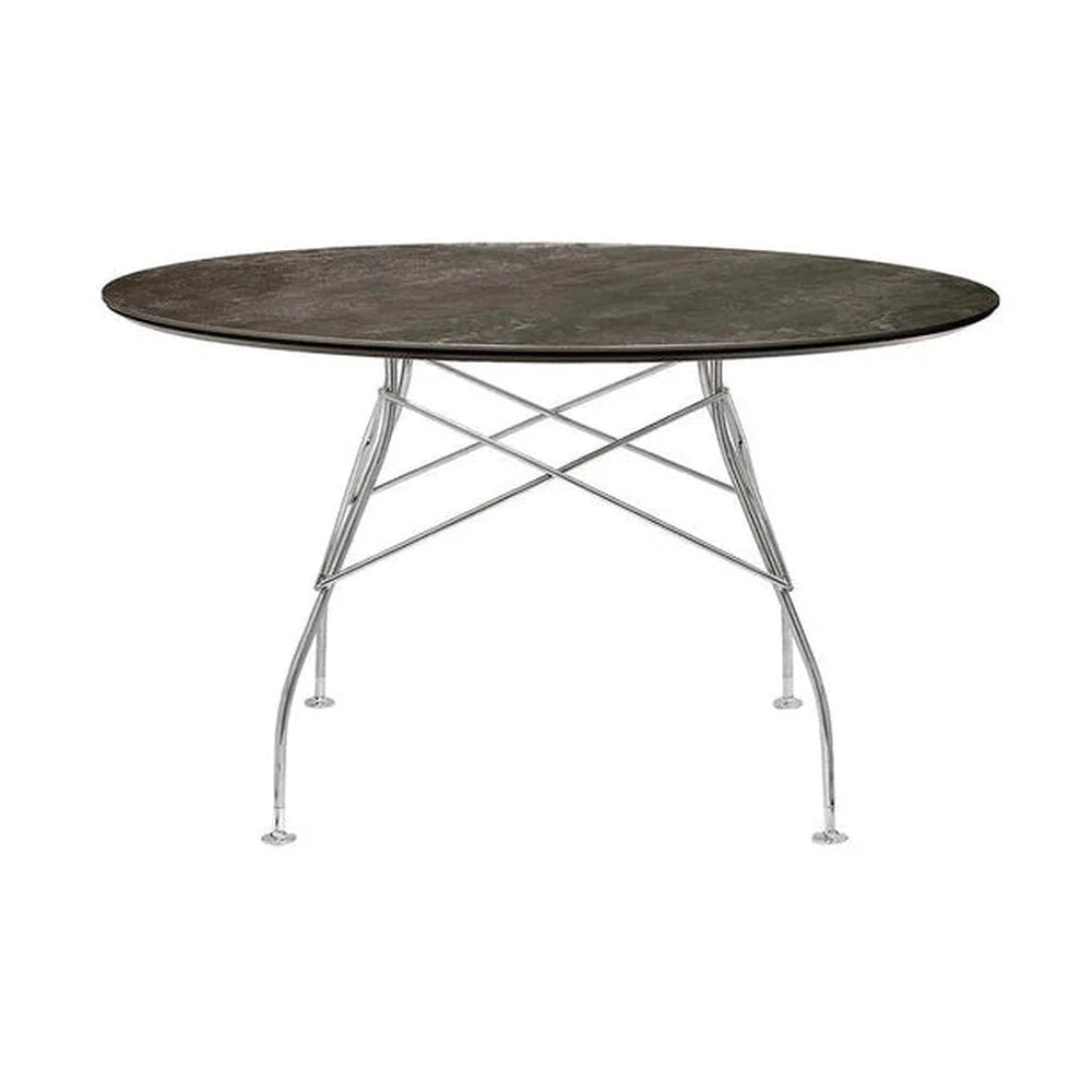 Table brillante kartell marbre rond, chrome / bronze vieilli