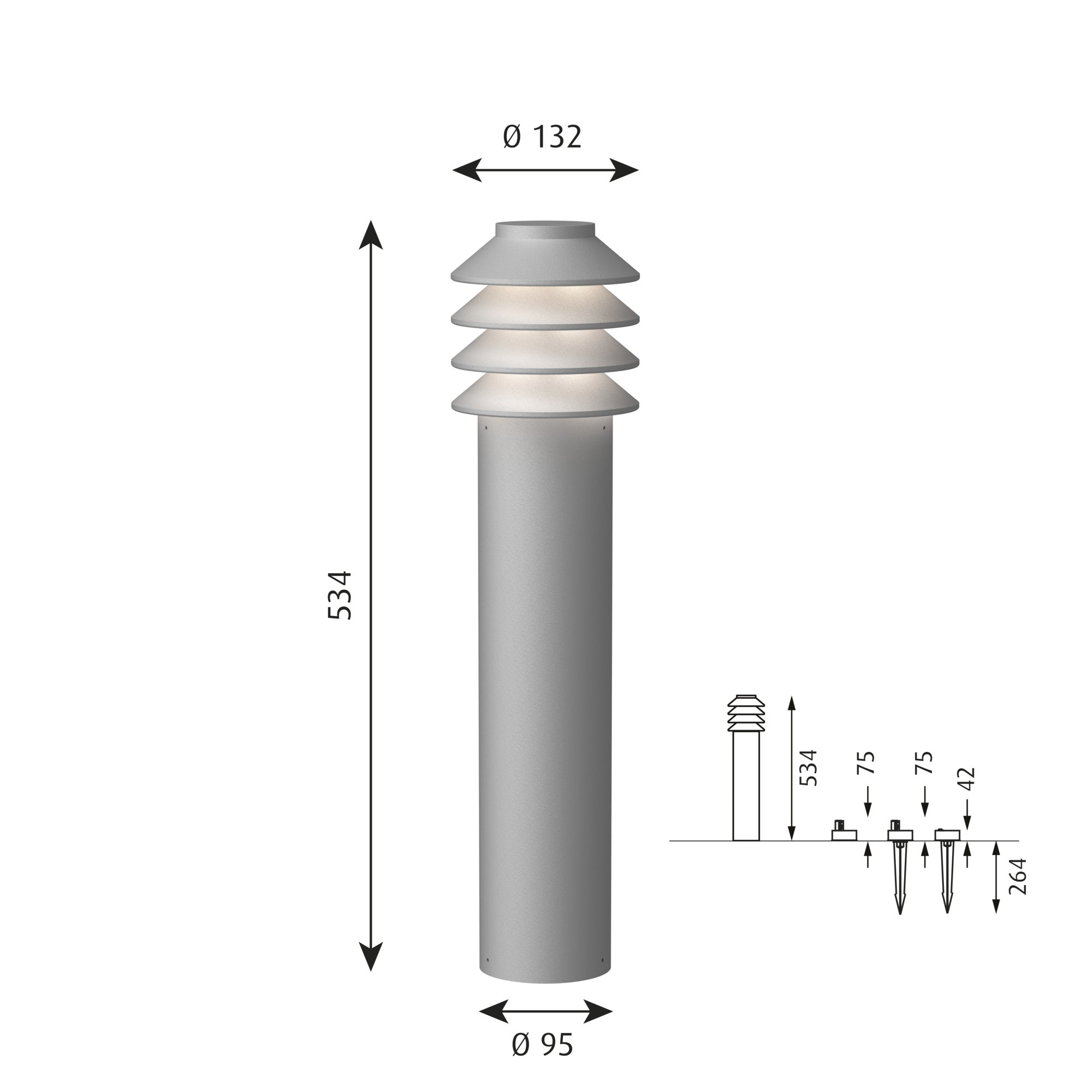 Louis Poulsen BySted Garden Bollard Lamp Stor aluminium LED 3000 K med bundplade O/adapter