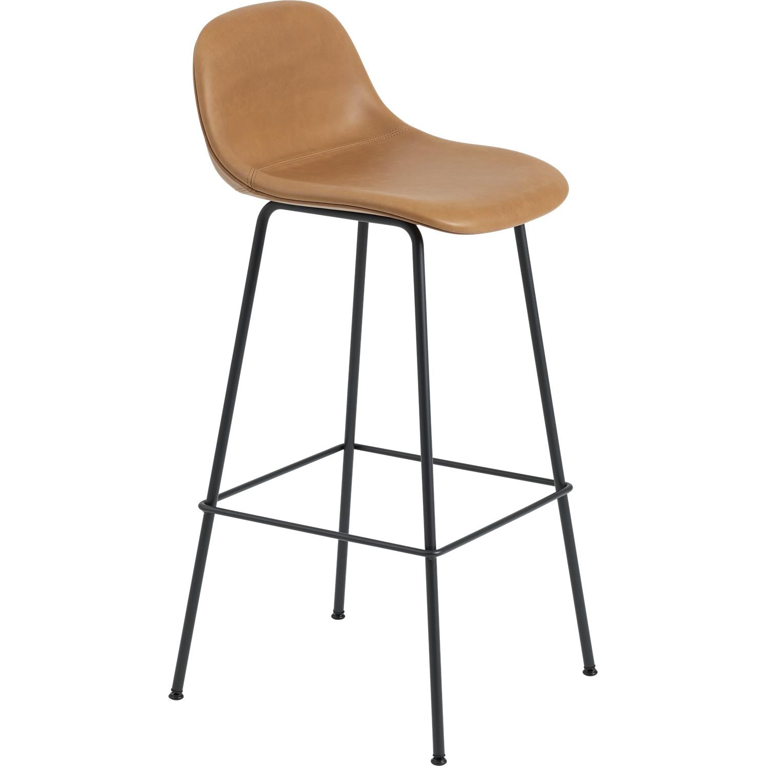 Silla de barra de fibra muuto con base de tubo de respaldo, asiento de fibra/cuero, cuero de coñac marrón