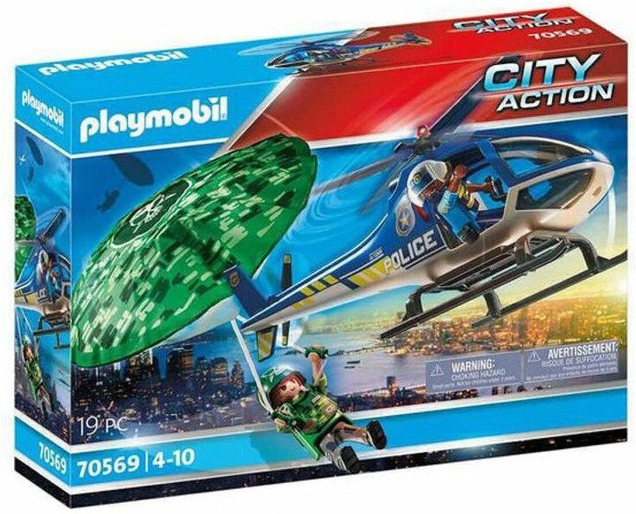 Helicóptero da polícia de ação de Playset City: Parachute Chase Playmobil