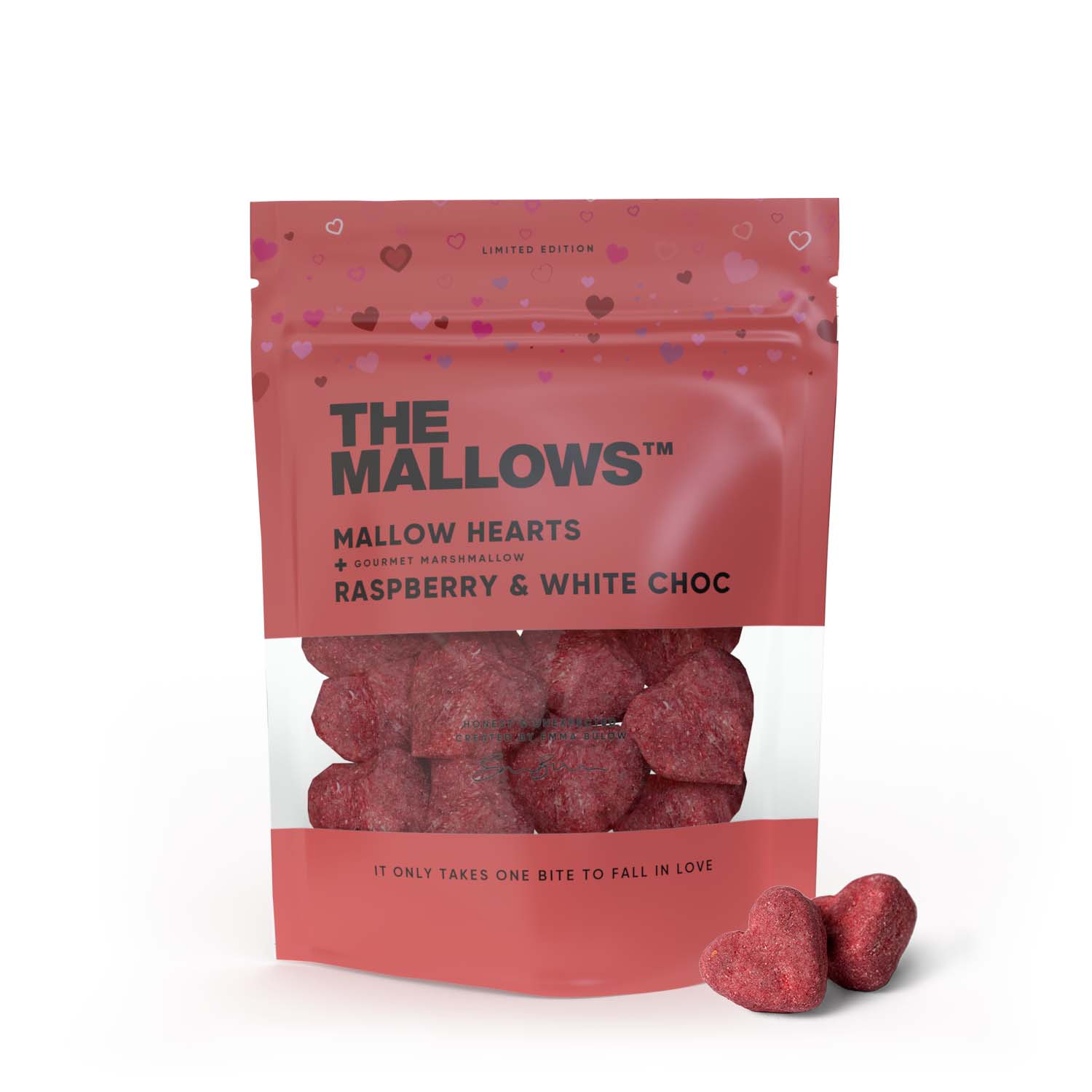 Les guimauves de Mallows avec du chocolat blanc et des framboises coeurs Mallow, 90g