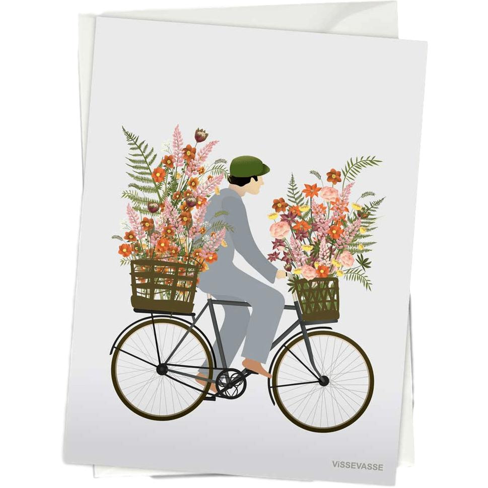 Vissevasse -cykel med blommor gratulationskort, 10,5x15