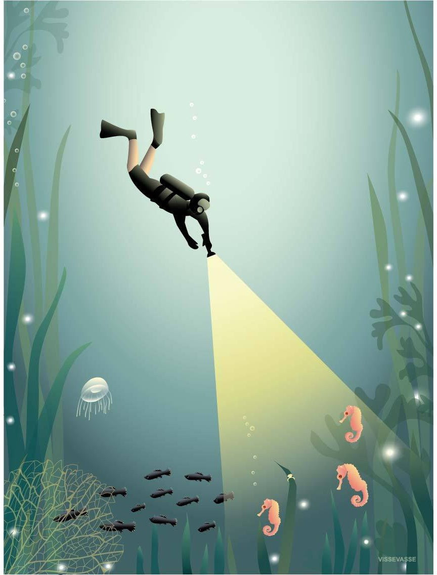 Vissevasse Diver Poster, 15 x21 cm