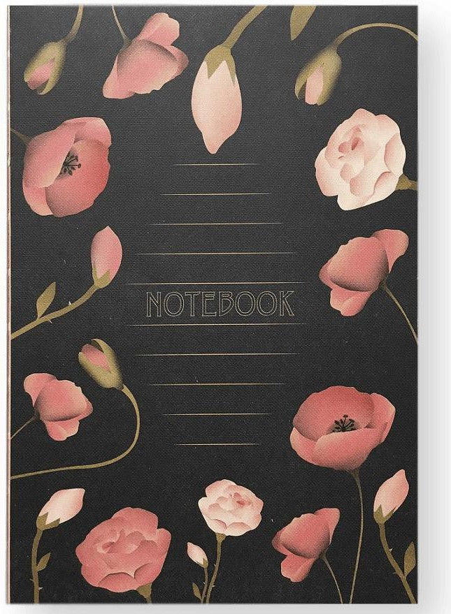 Notebook Vissevasse con flores, negro, mediano