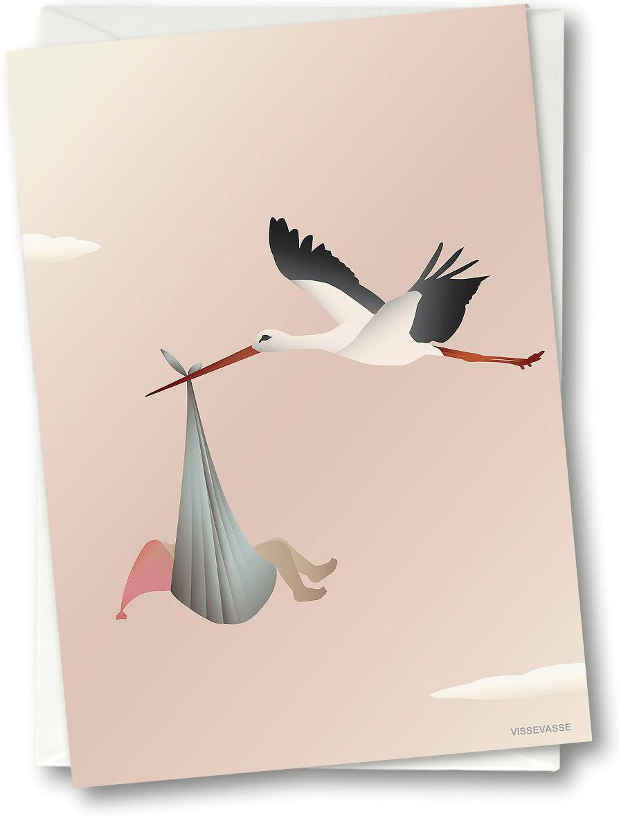 Carte de voeux Vissevasse Stork 10,5 x15 cm, rose