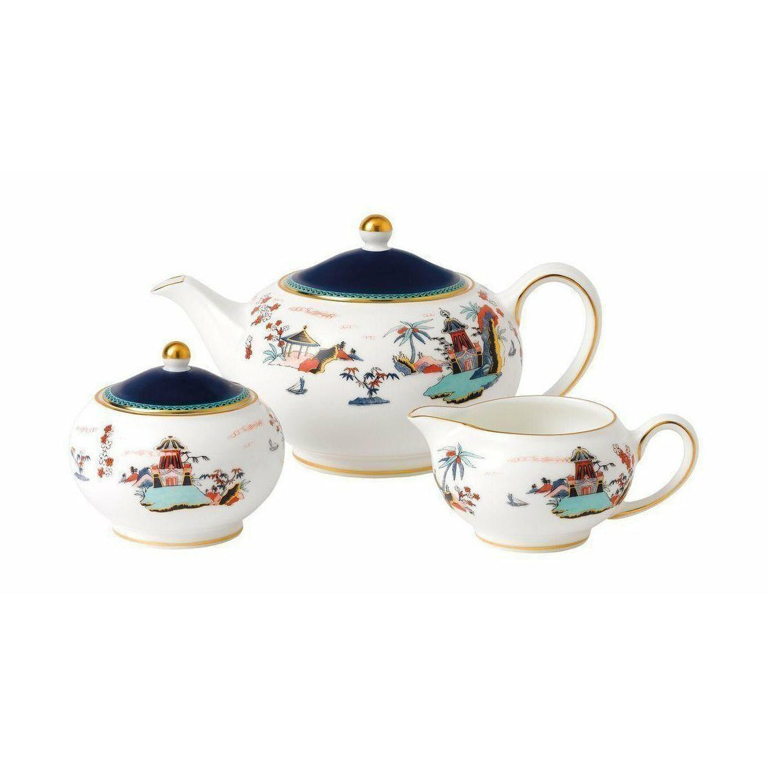 Wedgwood Wonderlust Blue Pagoda Set 3pcs (tetera, azúcar, jarra de leche) Caja de regalo