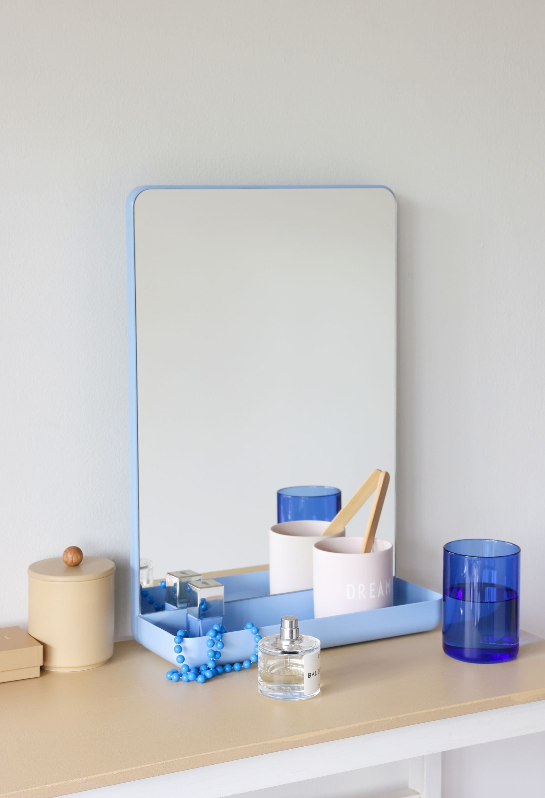 Design Letters Wall Mirror Mirror Shelf, Light Blue