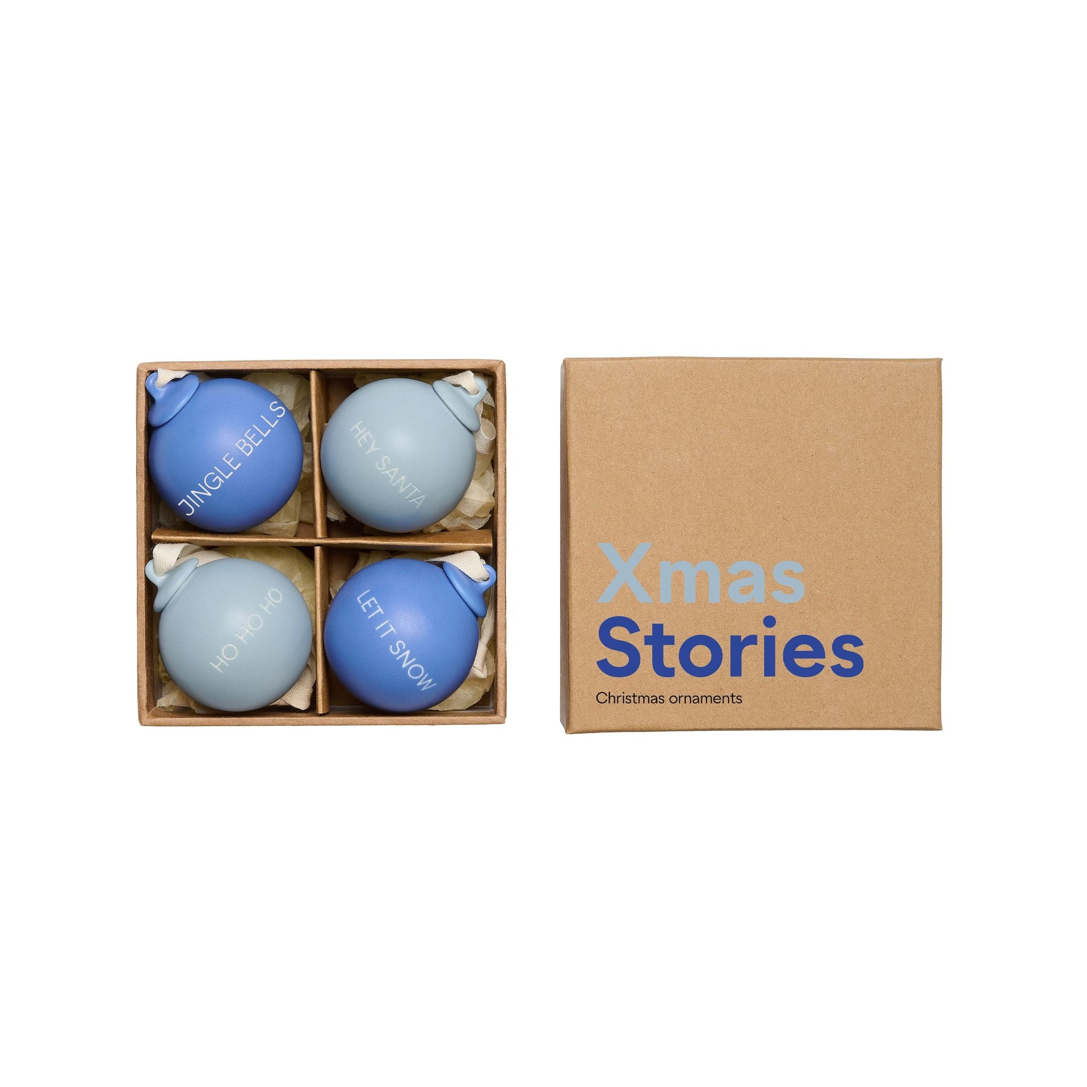 Design Letters Xmas Stories Ball Pendants 40mm (Set Of 4 Pcs), Cobalt Blue/Light Blue