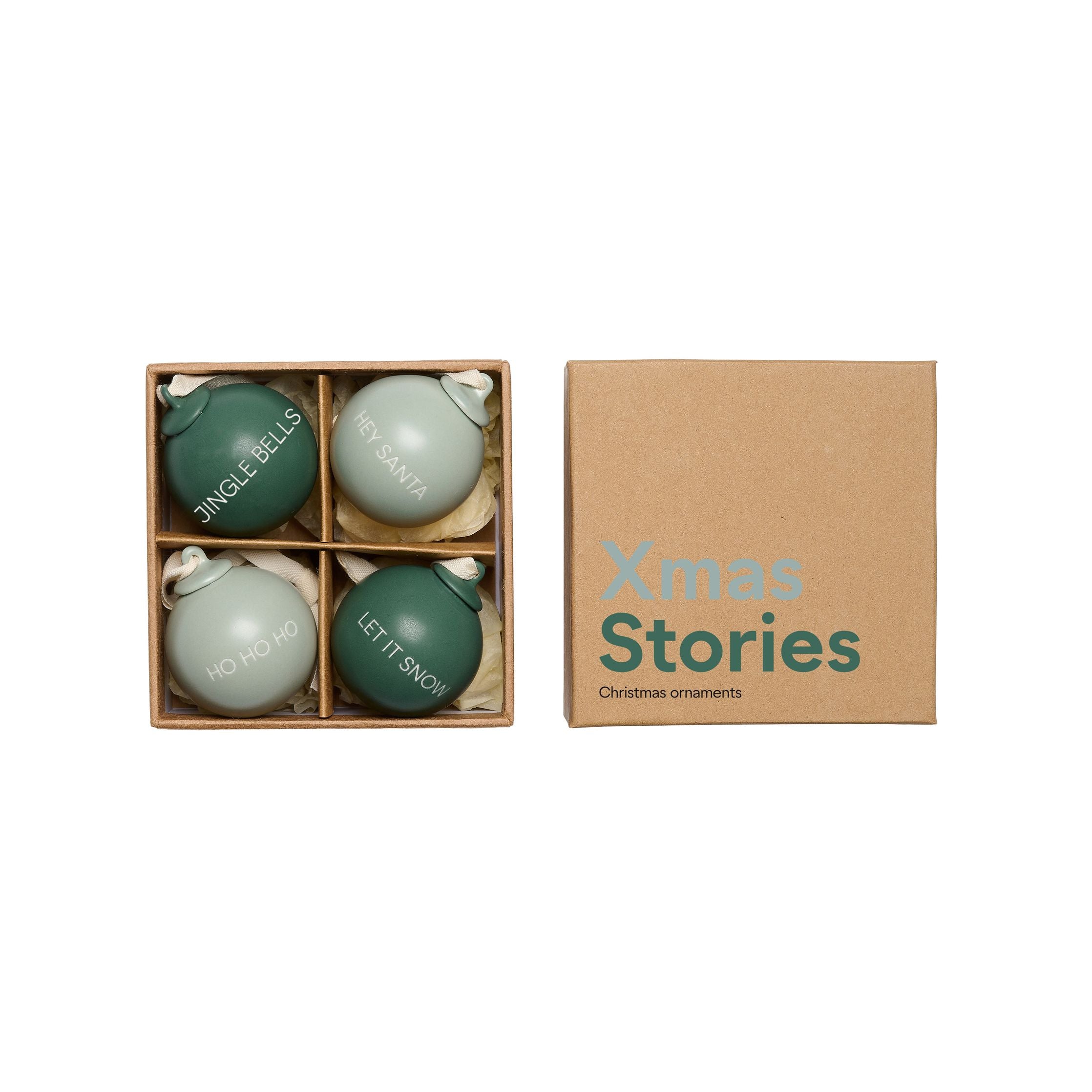 Letras de diseño historias de Navidad colgantes de pelota 40 mm (conjunto de 4 piezas), verde oscuro/verde polvoriento