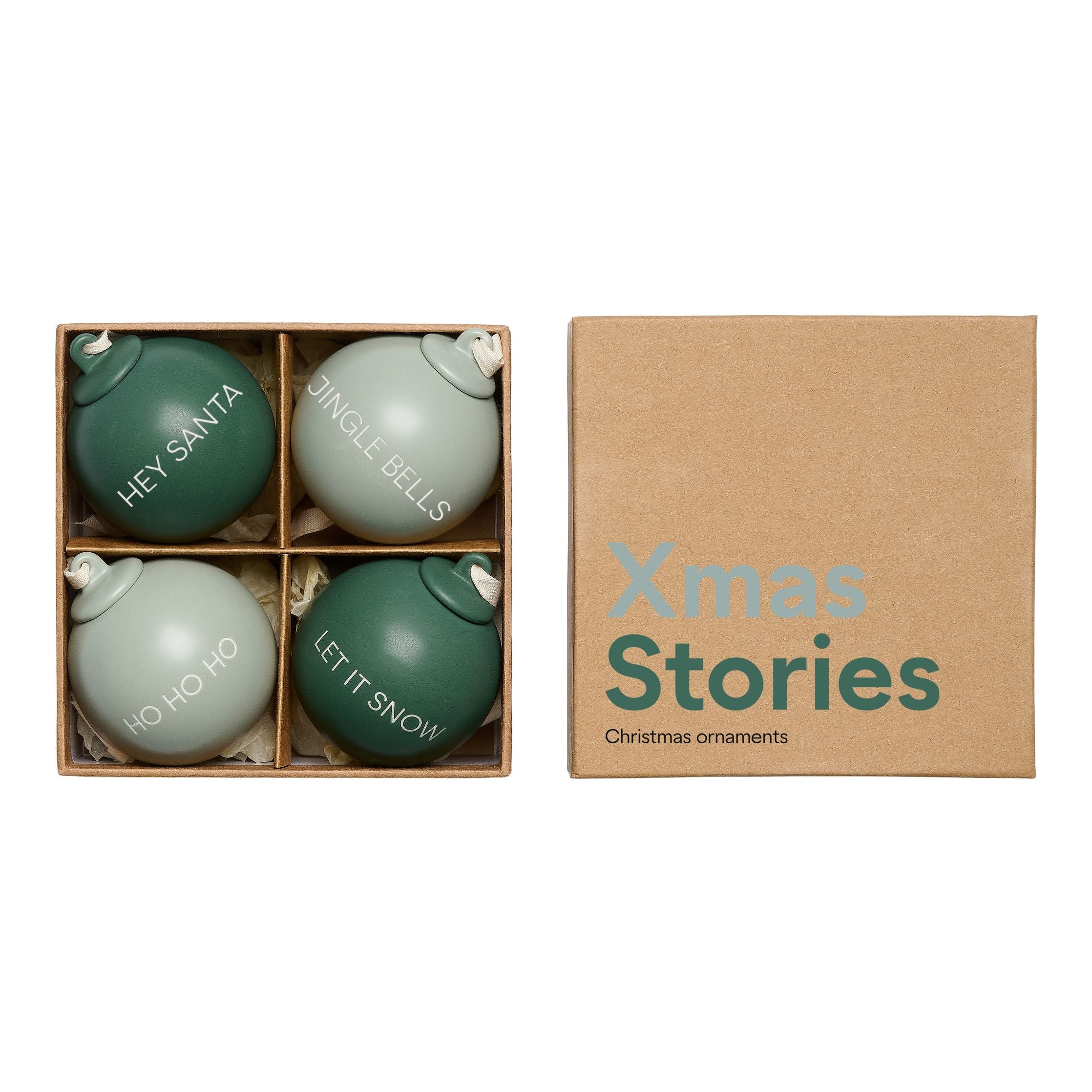 Lettres de conception histoires de Noël pendentifs balles 60 mm (ensemble de 4 pcs), vert foncé / vert poussiéreux