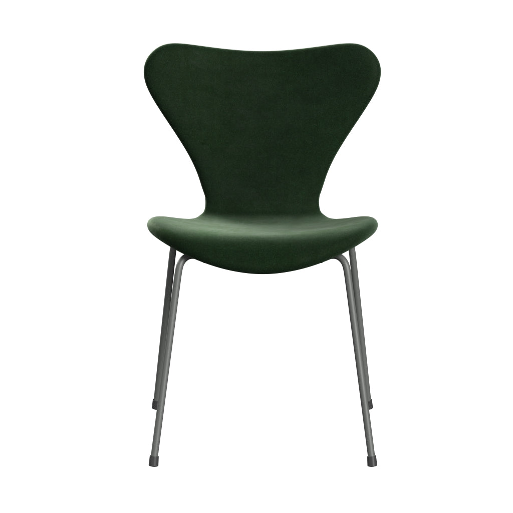 Fritz Hansen 3107 chaise pleine d'ameublement, Green en velours gris argenté / Belfast Green