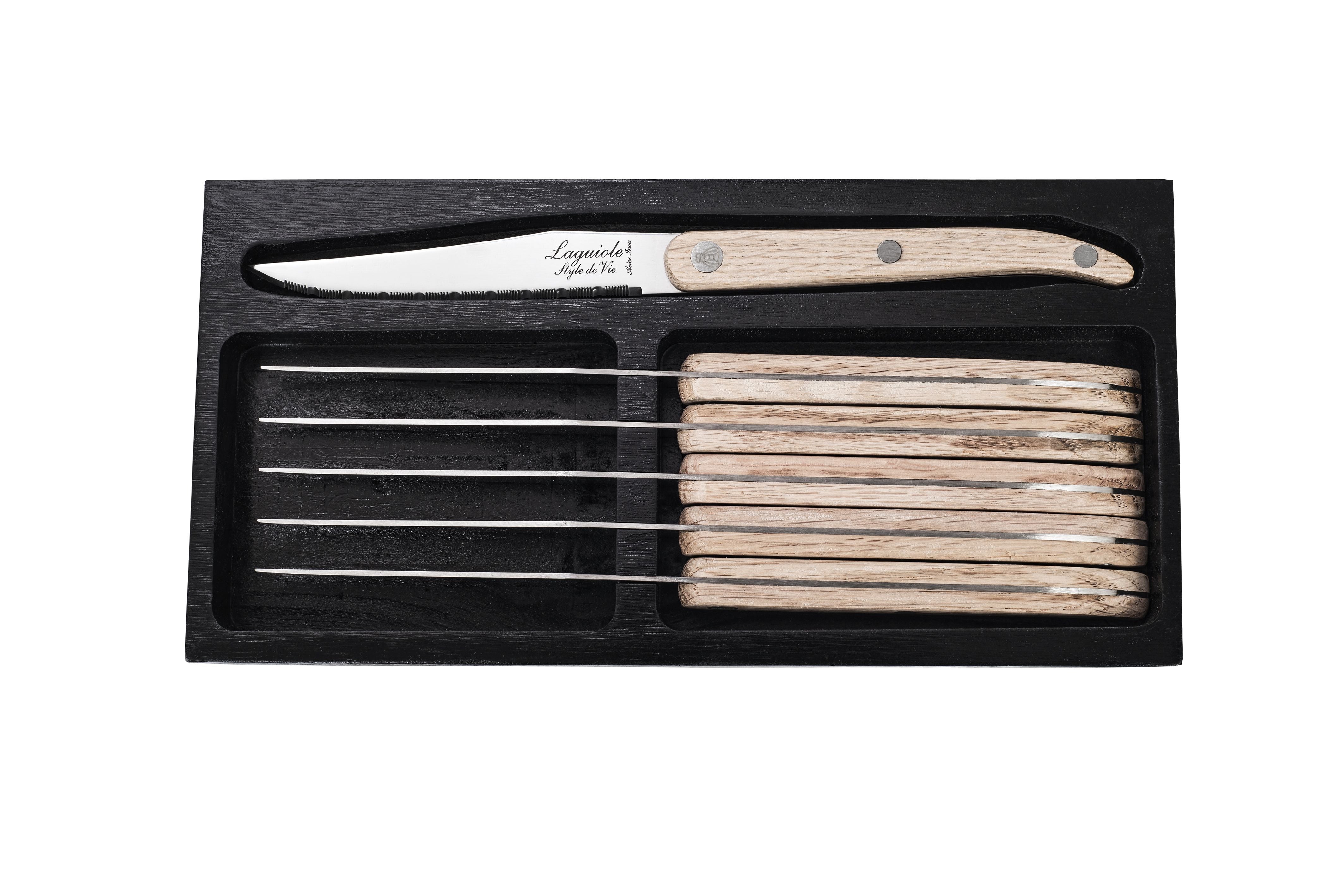 Stil de vie authentique laguiole Innovationslinie Steakmesser 6 Stück Set Eiche Holz, gezackte Klinge