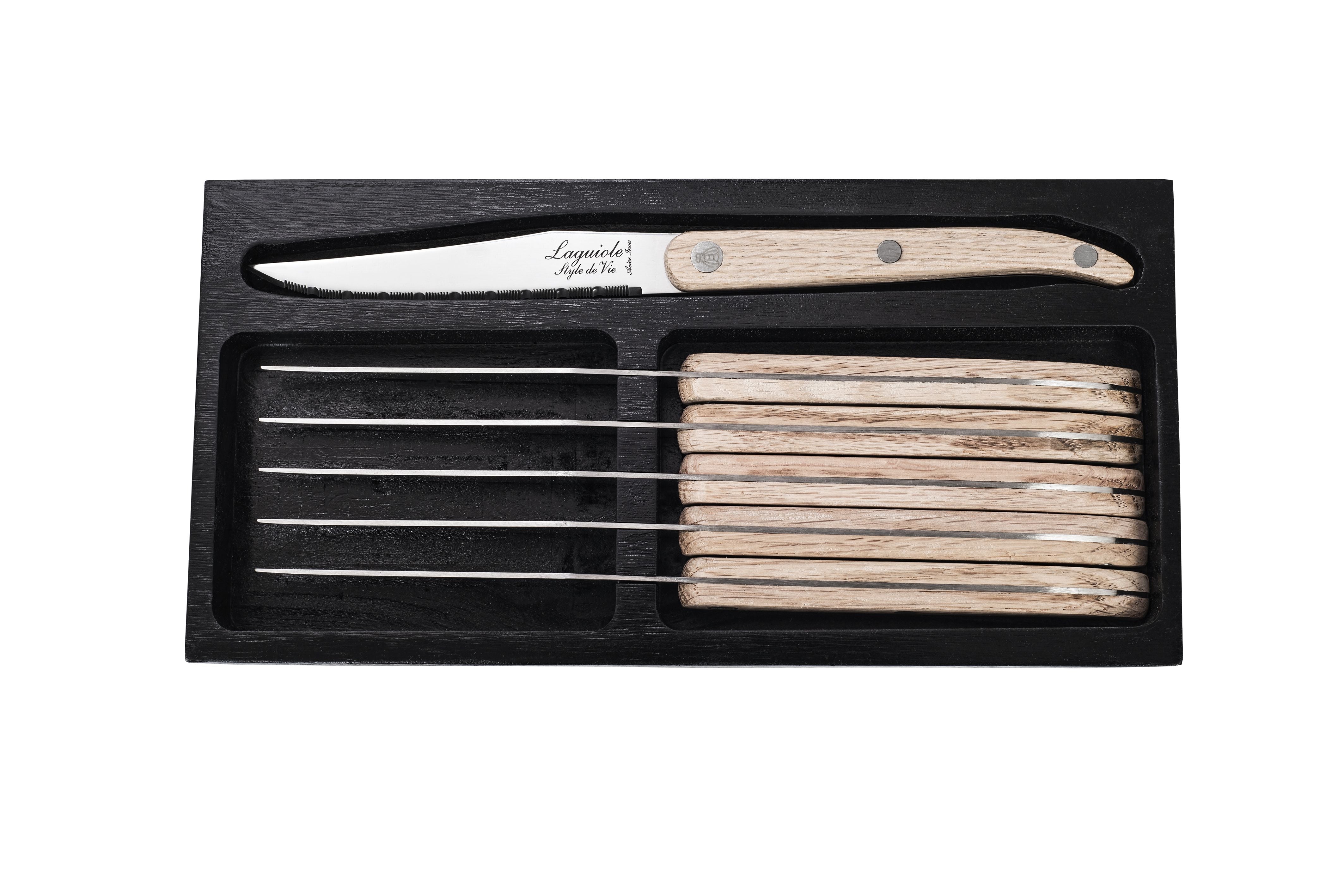 Style De Vie Authentique Laguiole Innovation Line Steak Knives 6 Piece Set Oak Wood, Serrated Blade