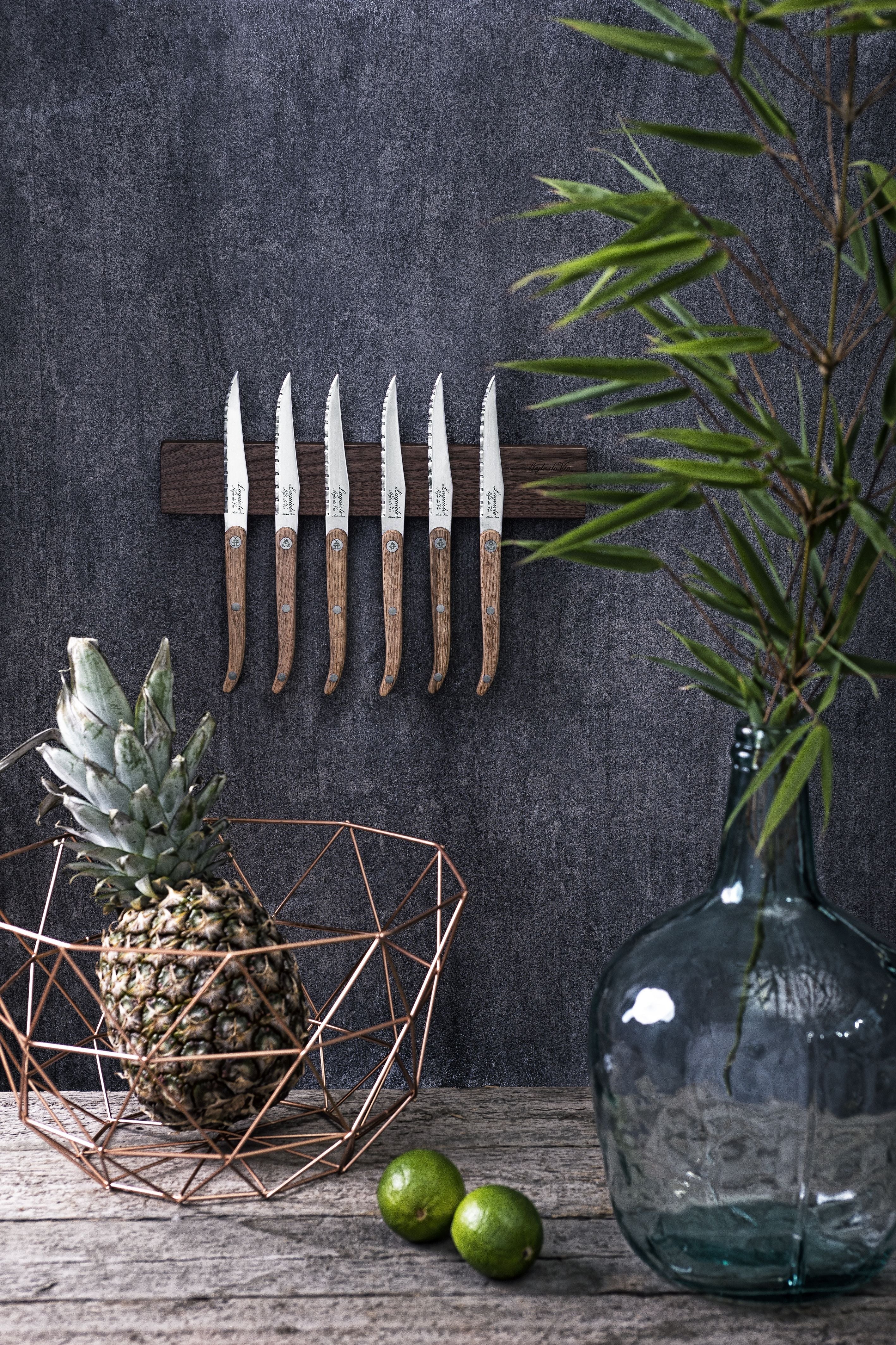 Estilo de Vie Authentique Laguiole Innovation Line Kneak Knives de 6 piezas de madera de roble, cuchilla serrada