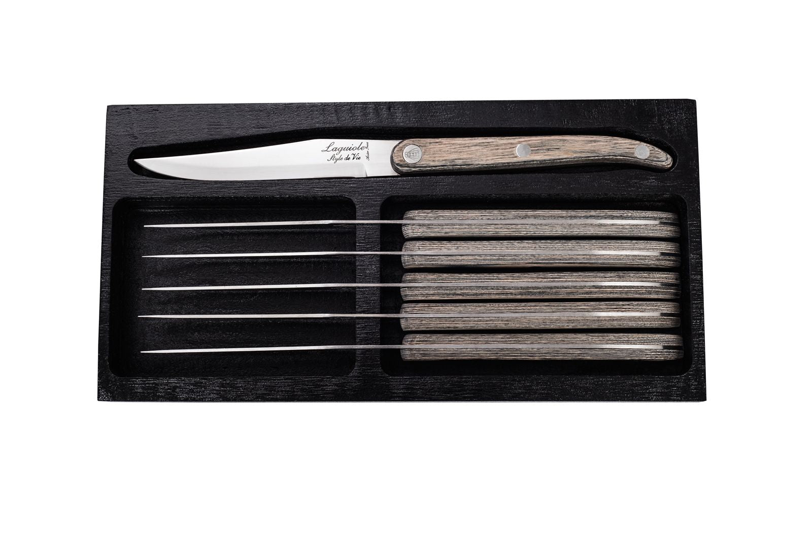 Style de Vie Authentique Laguiole Innovation Line Steak Steak Knives Set 6 pièces, pakka grise avec une lame lisse