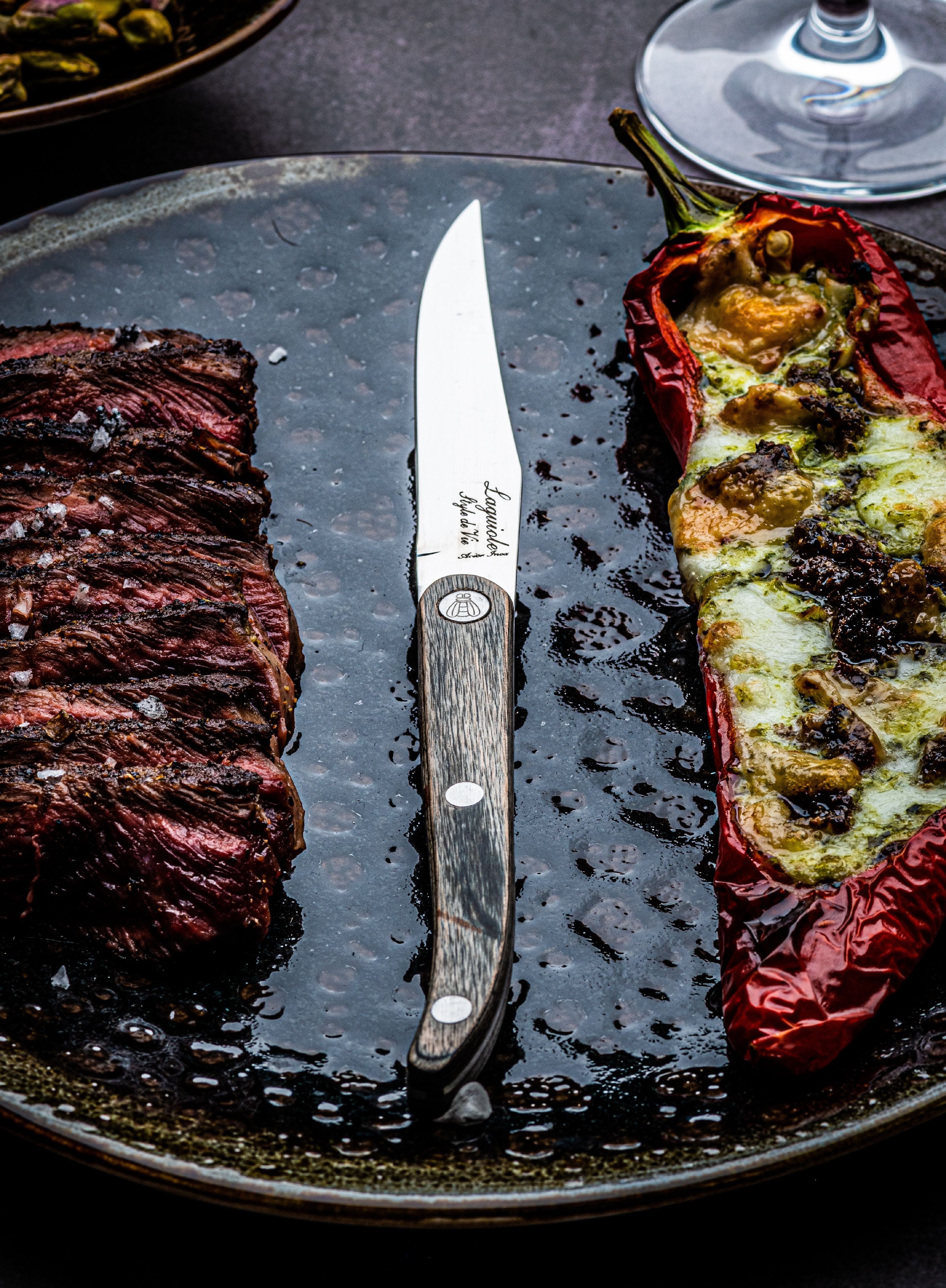 Style de vie Authentique Laguiole Innovation Line Steak Messer 6 Stück Set, graue Pakka mit glatten Klinge