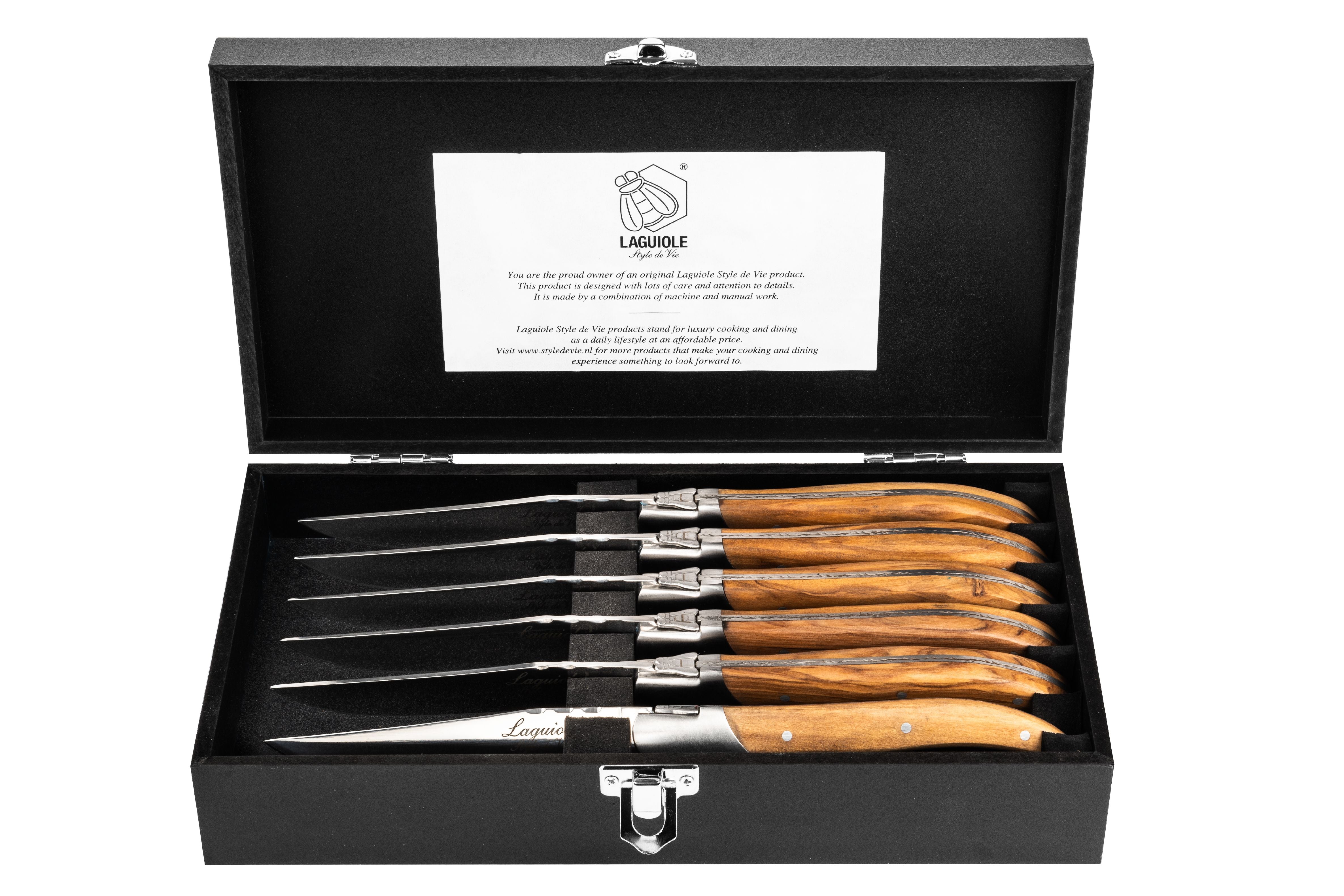 Estilo de Vie Authentique Laguiole Luxury Line Steak Knives de 6 piezas, madera de oliva