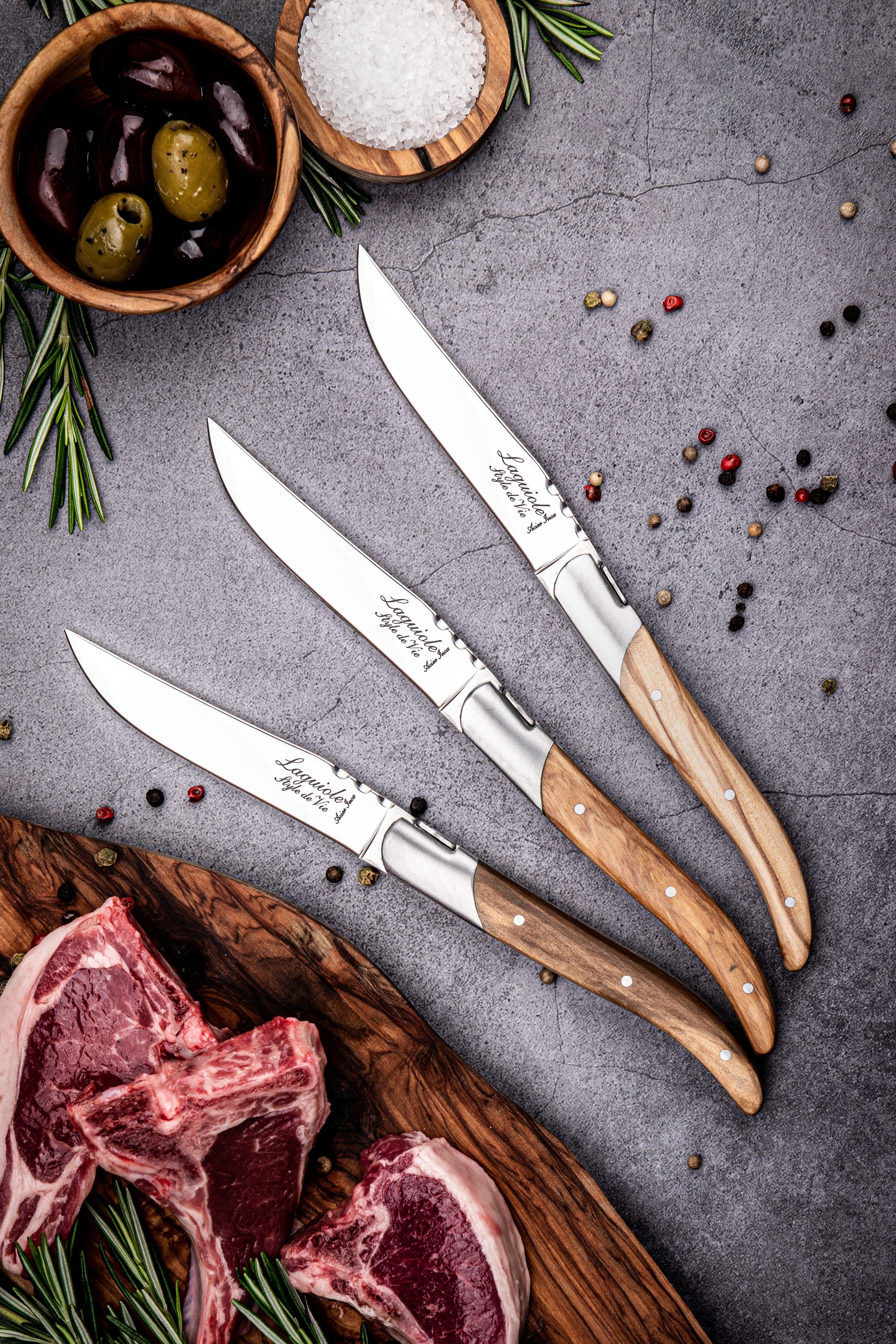 Estilo de Vie Authentique Laguiole Luxury Line Steak Knives de 6 piezas, madera de oliva