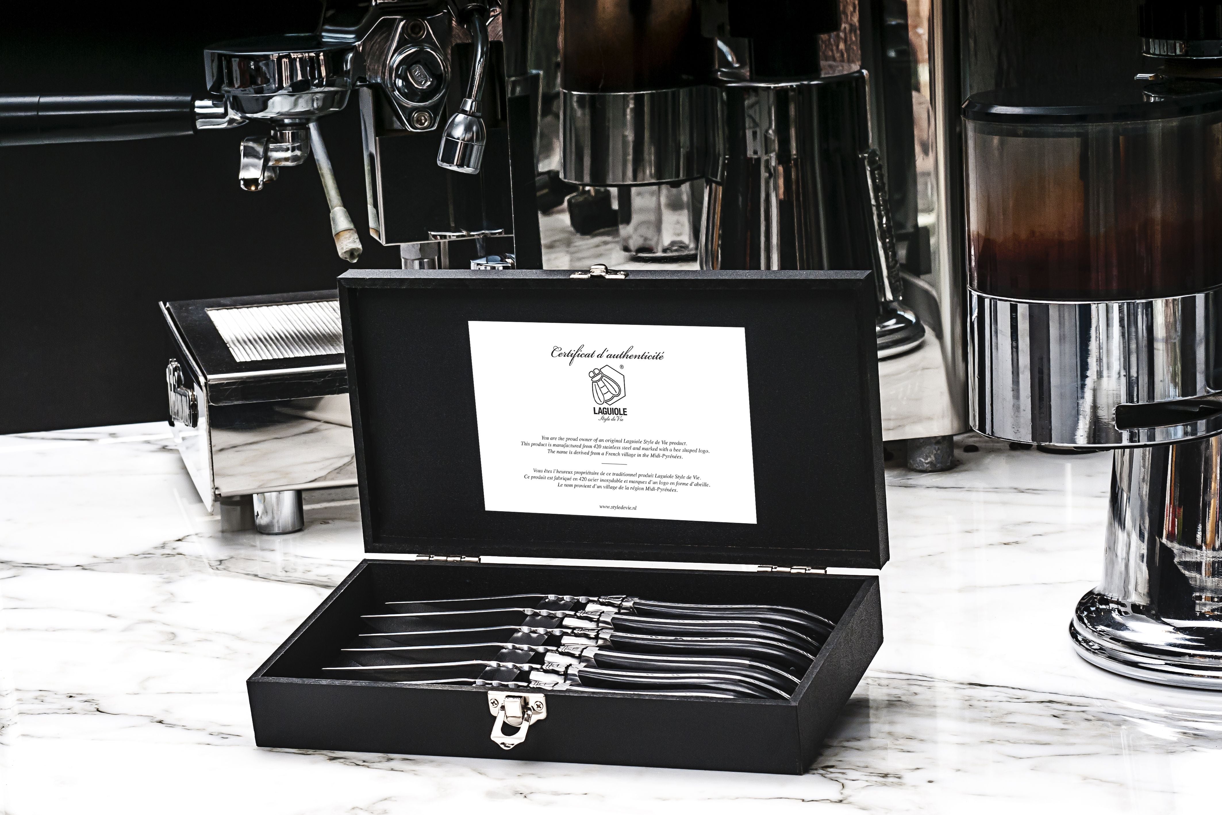 Style de vie authentique laguiole luxury line Steakmesser 6 Stück Set, schwarze Ebenholz