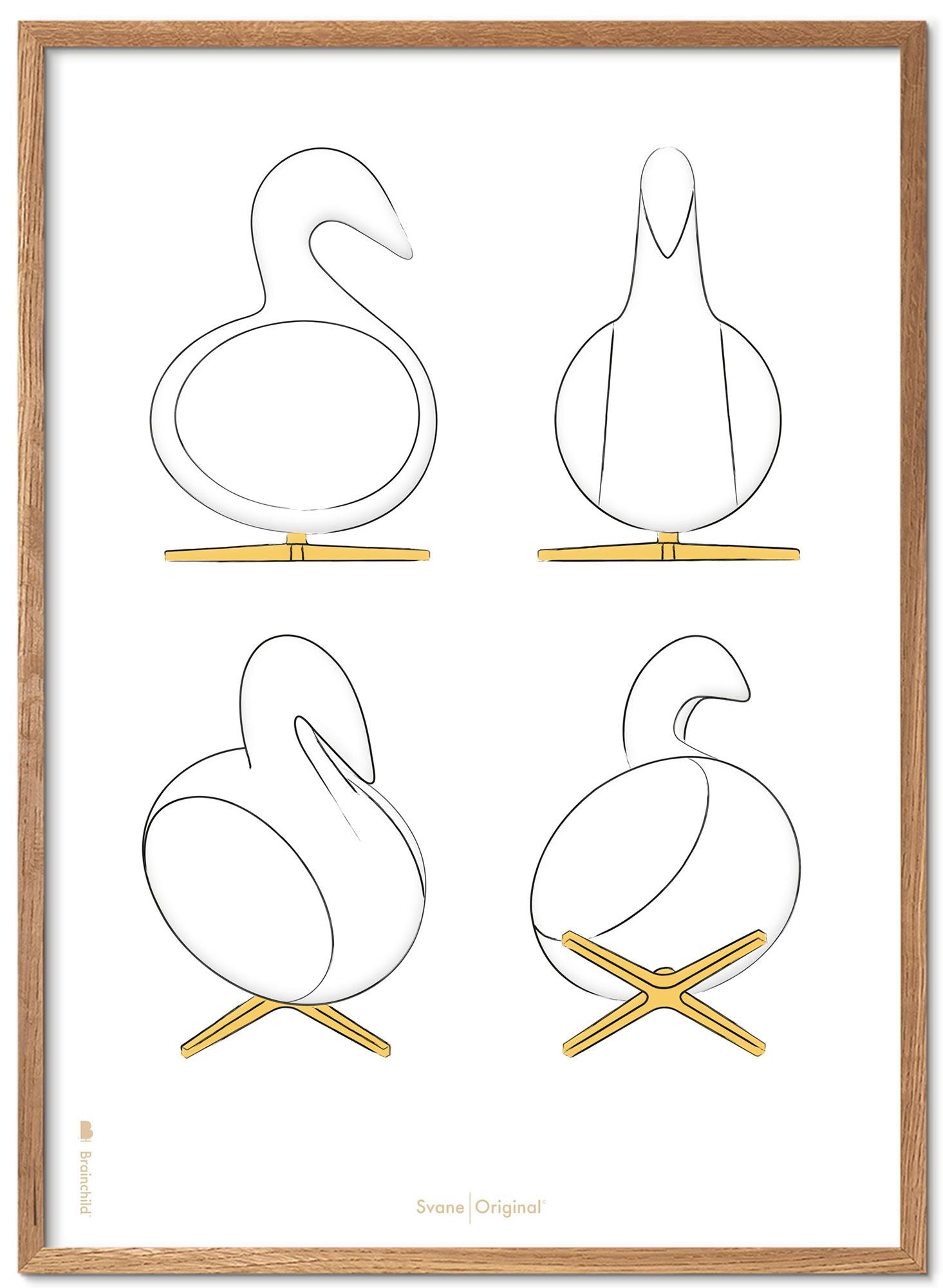 Brainchild Swan Design Sketches Posterrahmen aus hellem Holz 50x70 cm, weißer Hintergrund