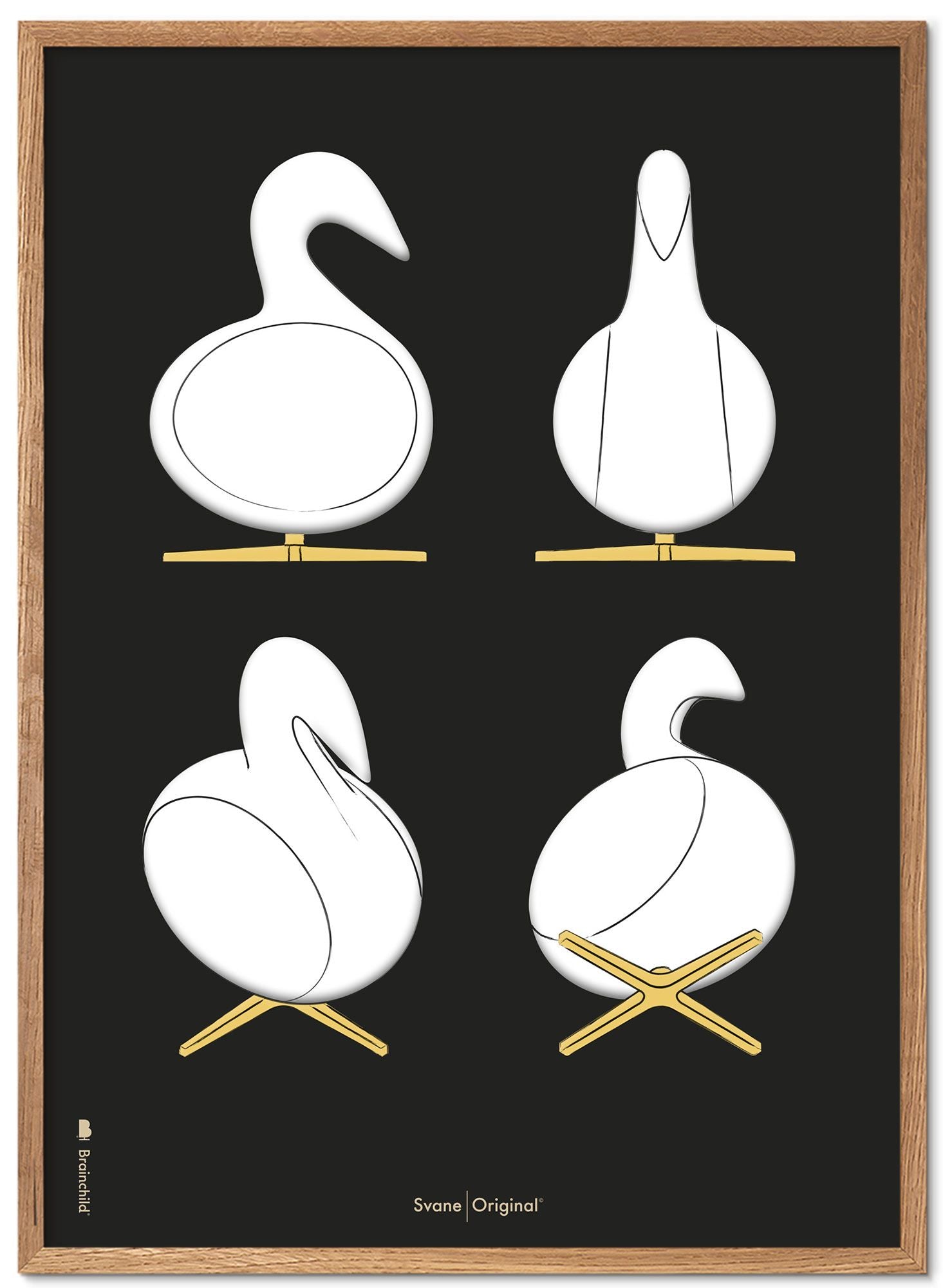 Brainchild Swan Design Skizzen Posterrahmen aus hellem Holz 30x40 cm, schwarzer Hintergrund