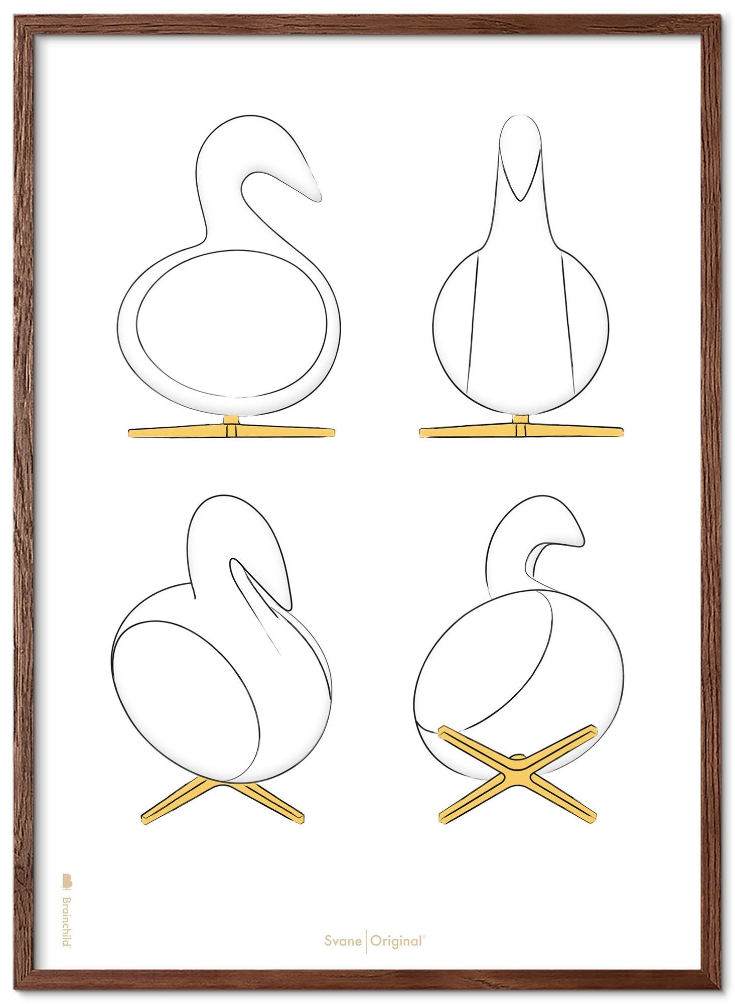 Brainchild Swan Design Sketches Plakatramme lavet af mørk træ 30x40 cm, hvid baggrund