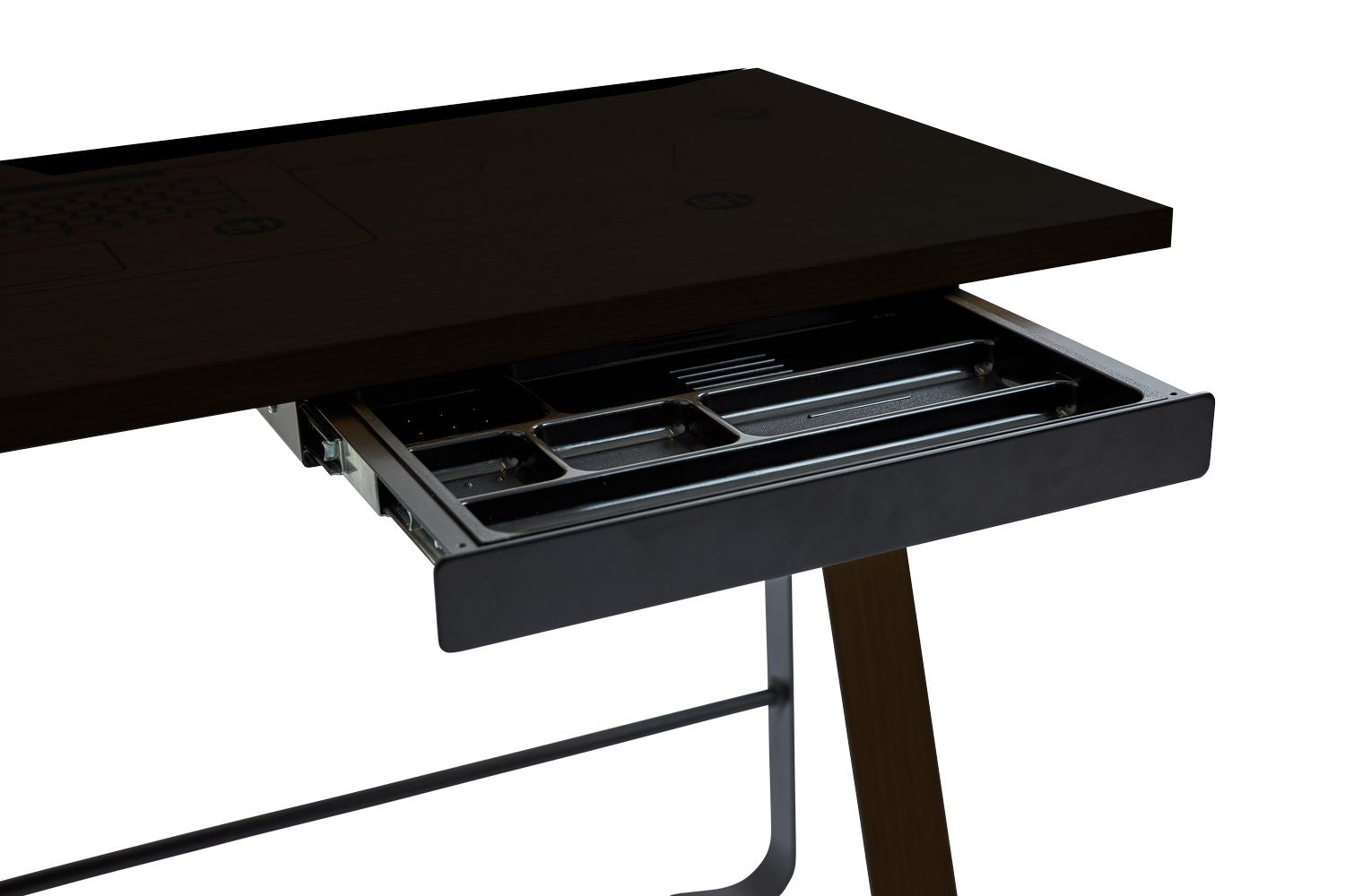 Bøjet Hansen Hemingway -skrivebord med skuffe L 120 cm, mat lakeret eg/nåletræ grøn linoleum