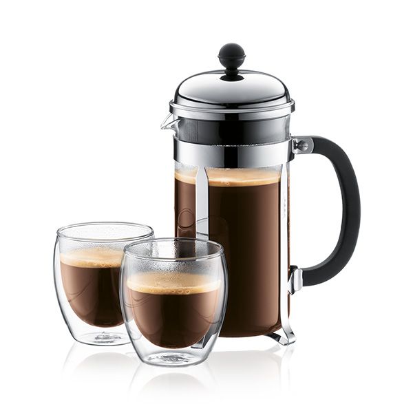 Bodum Chambord Set Coffee Maker und 2 Doppelmauergläser Chrom 8 Tassen, 2 Stcs.
