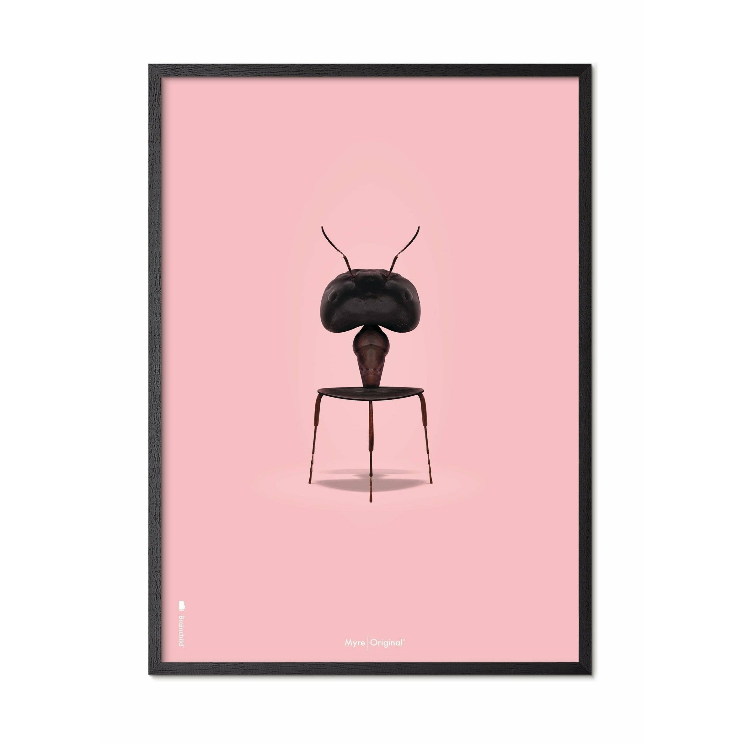 Affiche classique de fourmi originale, cadre en bois laqué noir 50x70 cm, fond rose