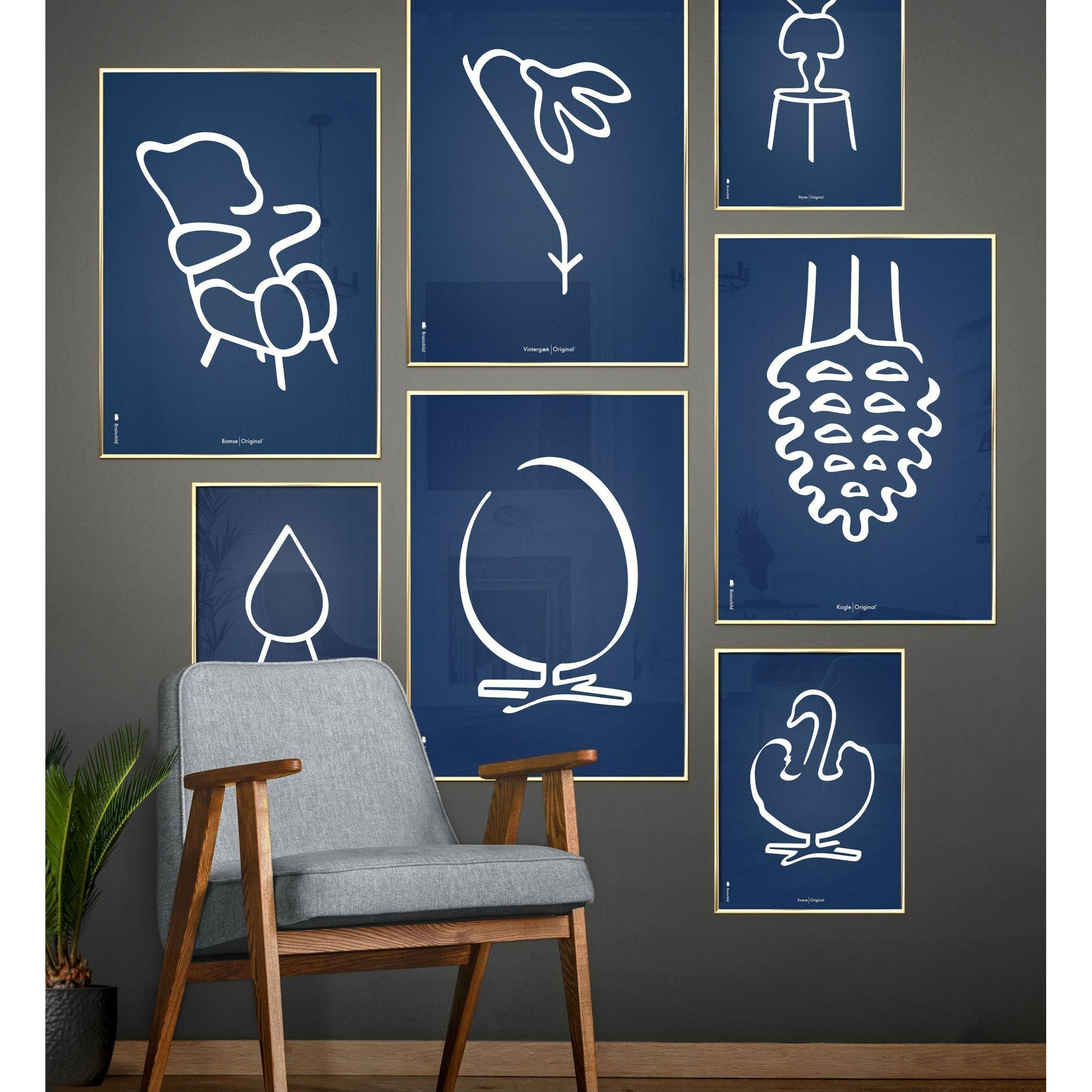 Brainchild Ant Line Poster, Rahmen aus dunklem Holz 50x70 cm, blauer Hintergrund