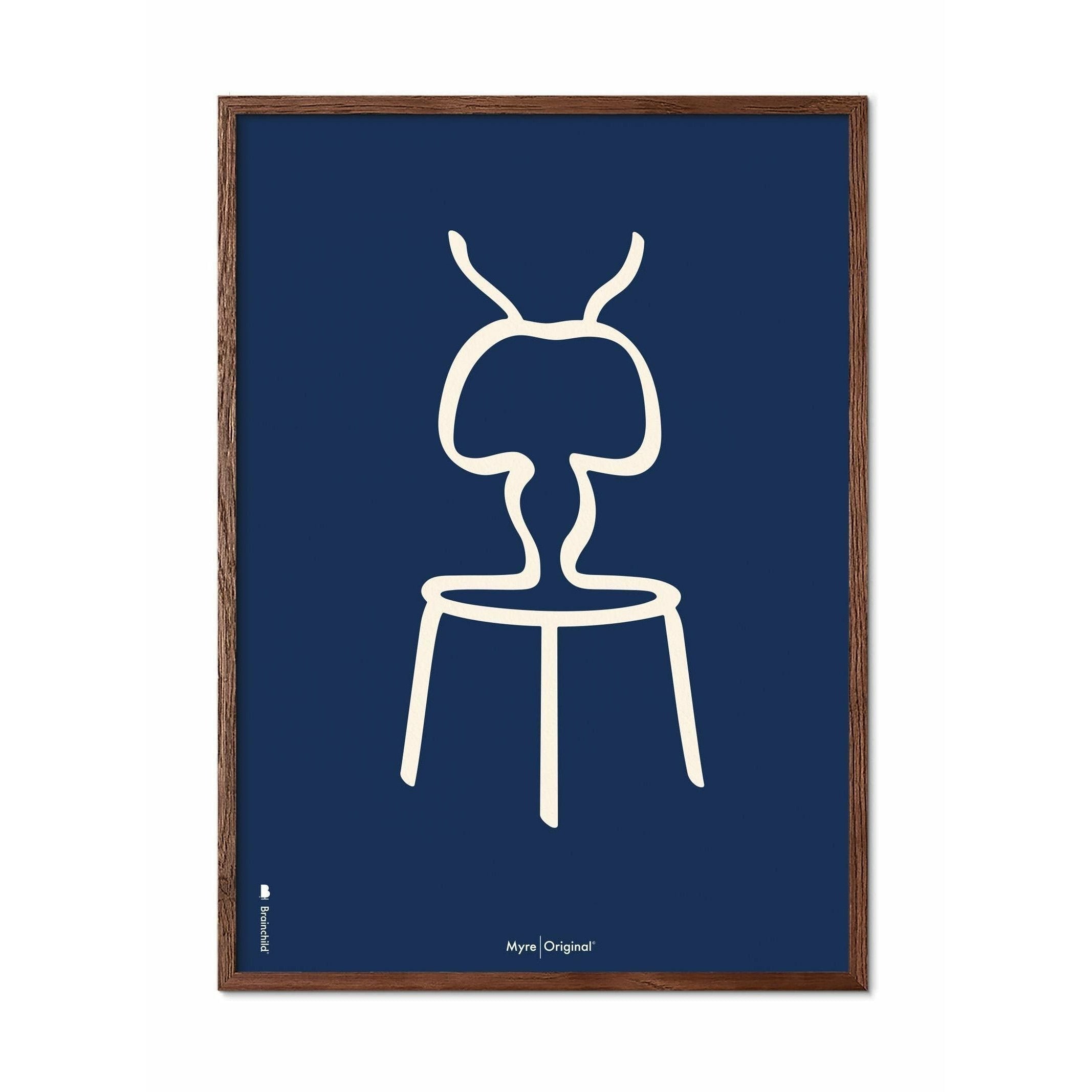 Brainchild Ant Line Poster, Rahmen aus dunklem Holz 50x70 cm, blauer Hintergrund