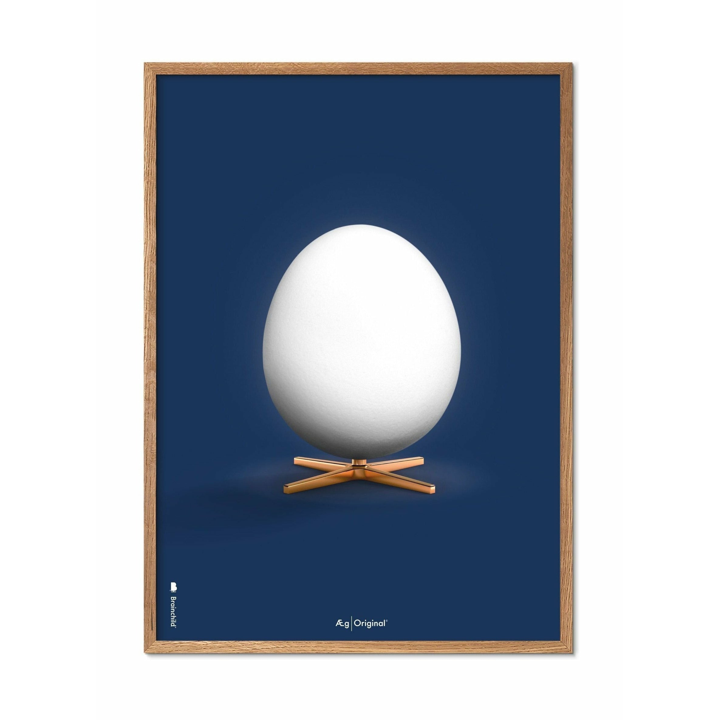 Póster clásico de huevo de creación, marco hecho de madera clara 50 x70 cm, fondo azul oscuro
