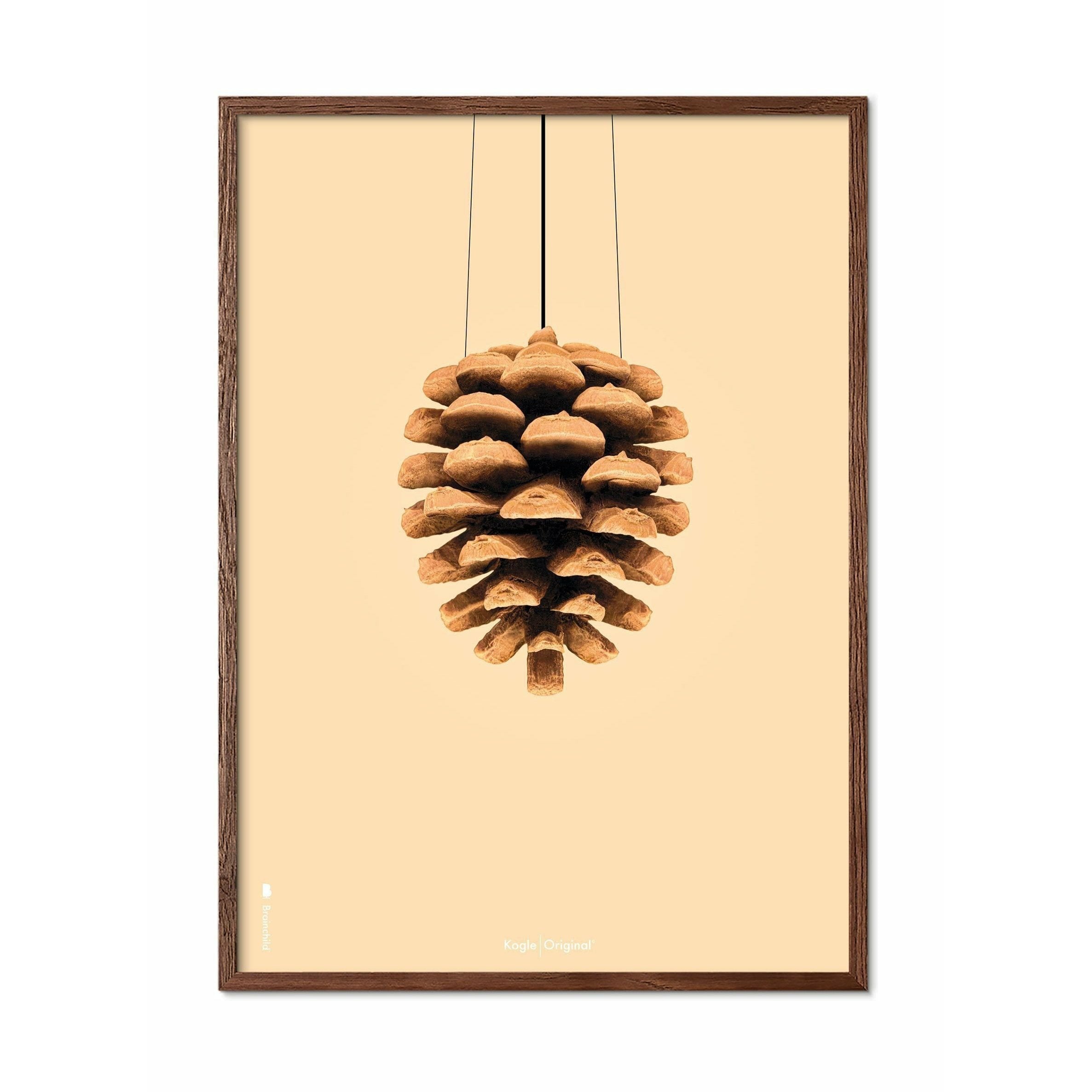 Póster clásico de cono de pino de creación, marco de madera oscura 30x40 cm, fondo de color arena