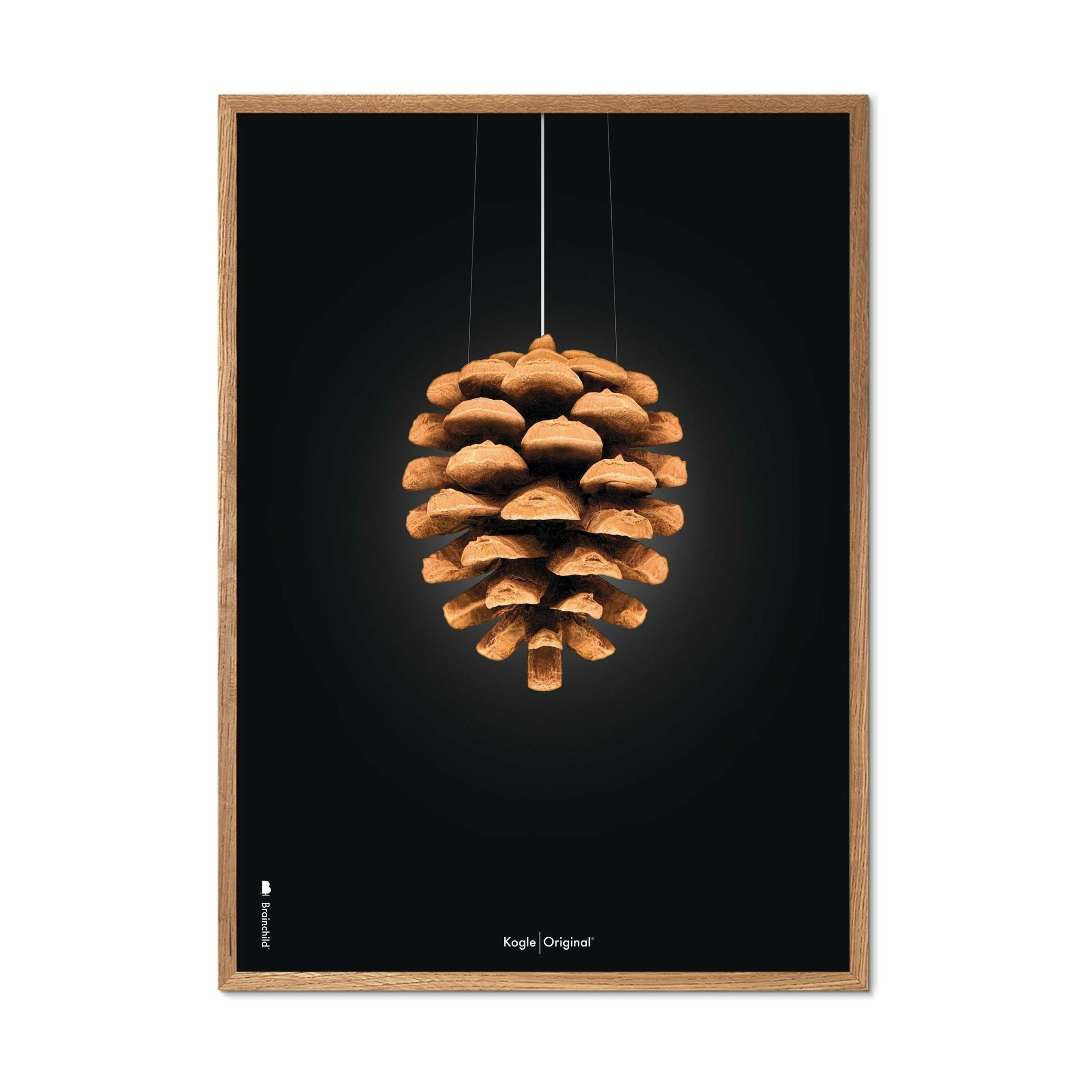 Póster clásico de cono de pino de creación, marco hecho de madera clara 30x40 cm, fondo negro