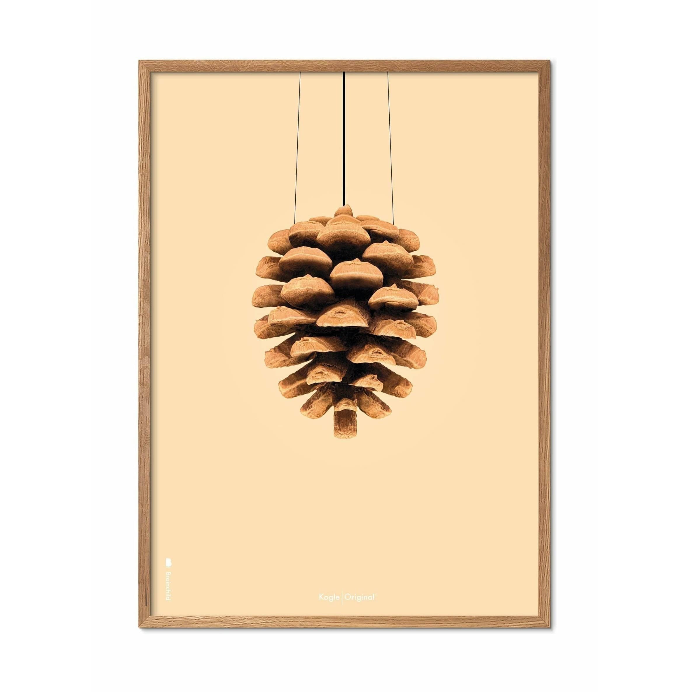 Póster clásico de cono de pino de creación, marco hecho de madera clara de 70x100 cm, fondo de color arena