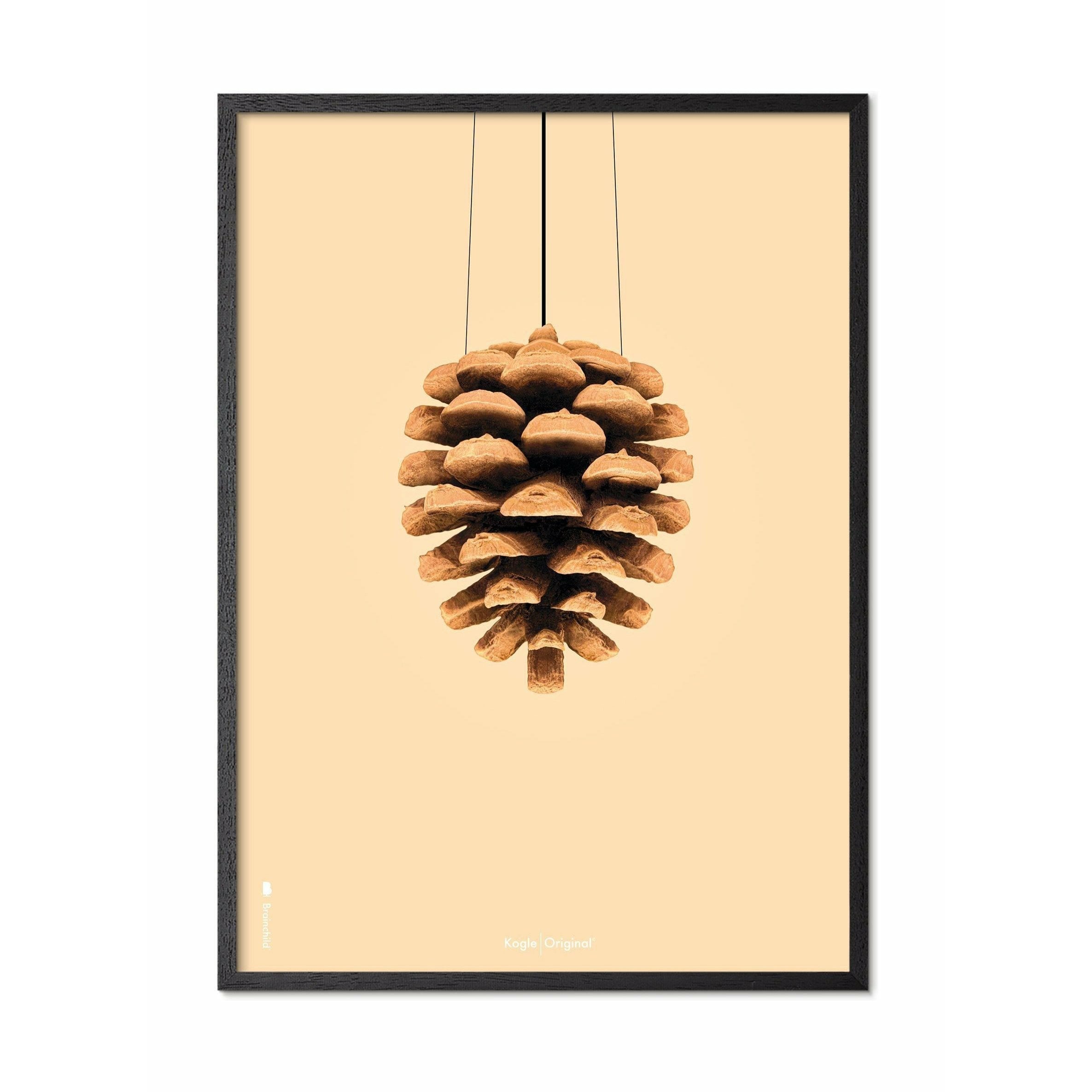 Póster clásico de cono de pino de creación, marco hecho de madera lacada negra de 30x40 cm, fondo de color arena