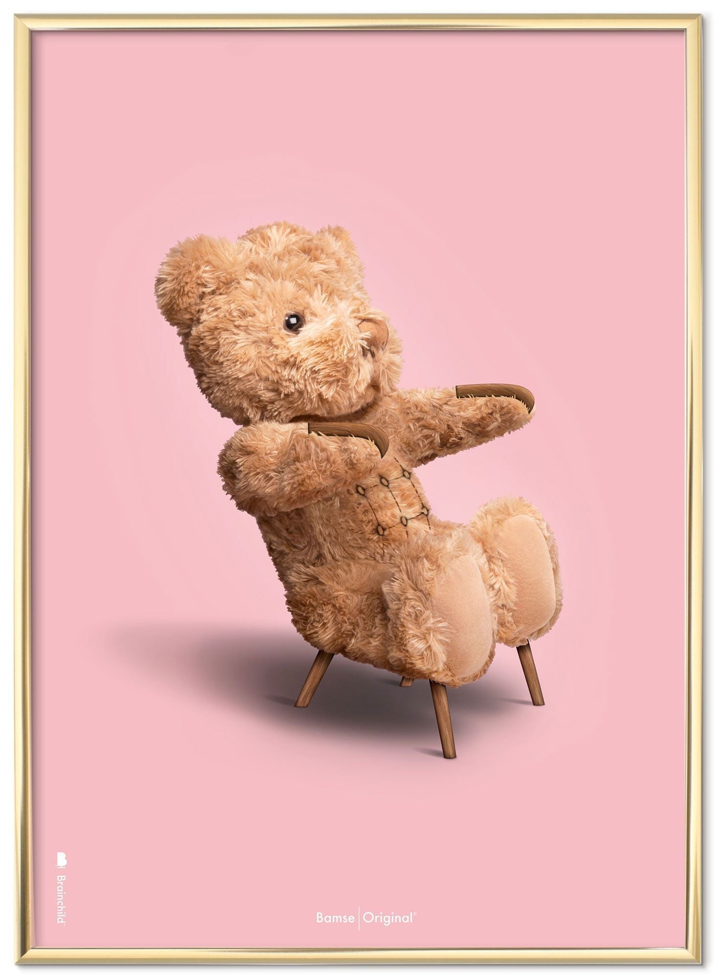 Brainchild Teddy Bear Classic Poster Brass Colored Frame 30x40 Cm, Pink Background