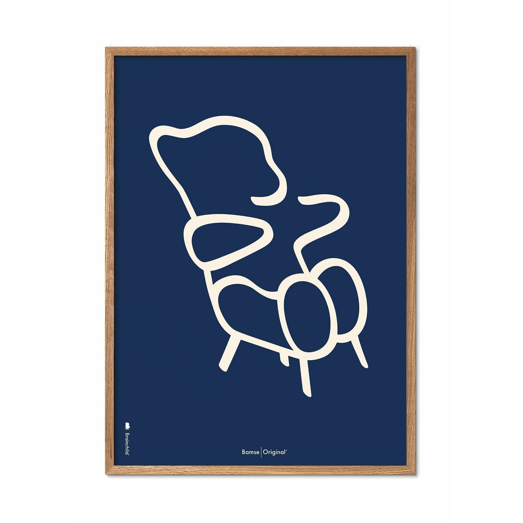 Brainchild Teddy Bear Line Poster, Frame Made Of Light Wood 70x100 Cm, Blue Background