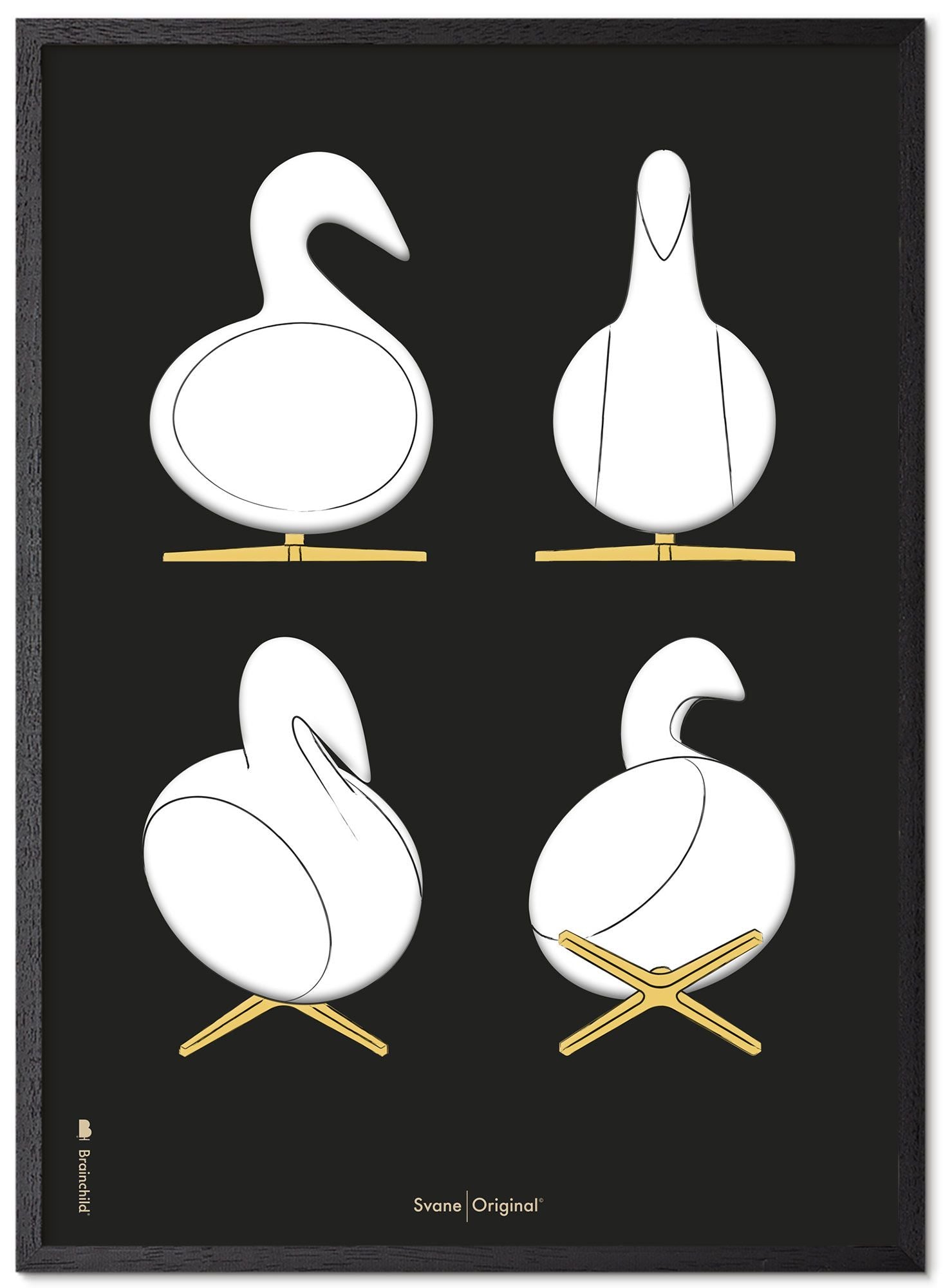 Brainchild Swan Design Sketches Affisch Frame gjord av svart lackerat trä 50x70 cm, svart bakgrund