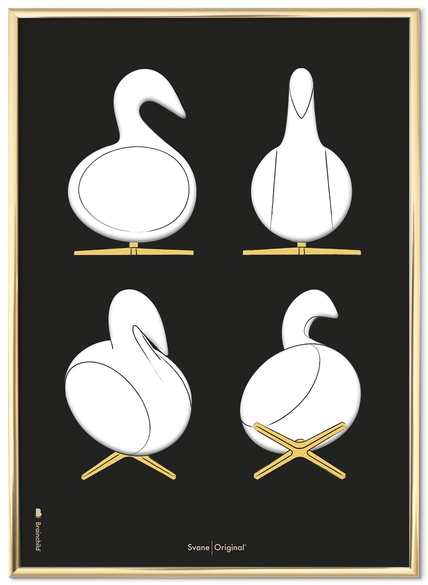 Brainchild Swan Design Sketches Affisch Frame gjord av mässingsfärgad metall 50x70 cm, svart bakgrund