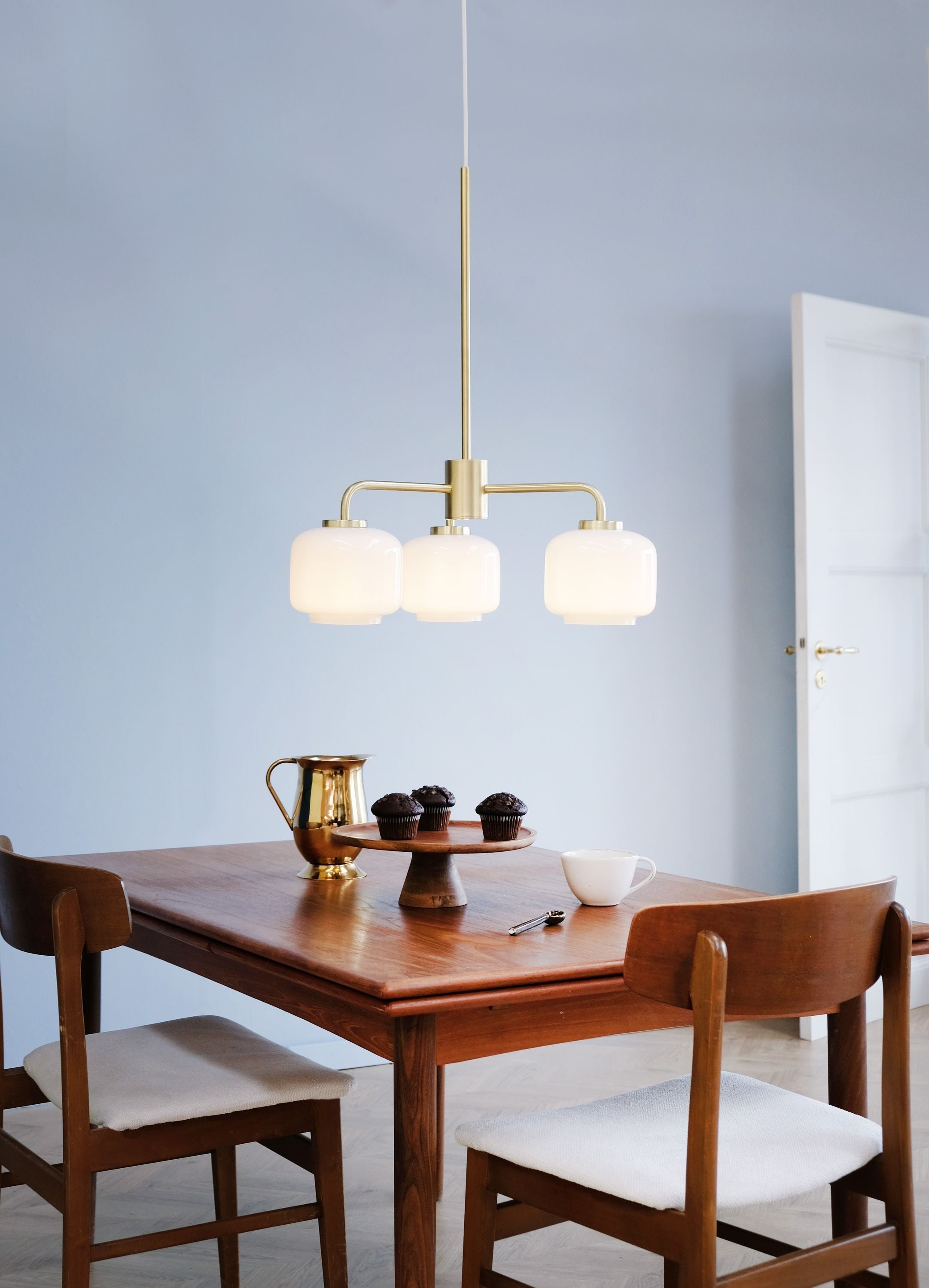 Dyberg Larsen Arp 3 Armed Chandelier, Opal/Brass