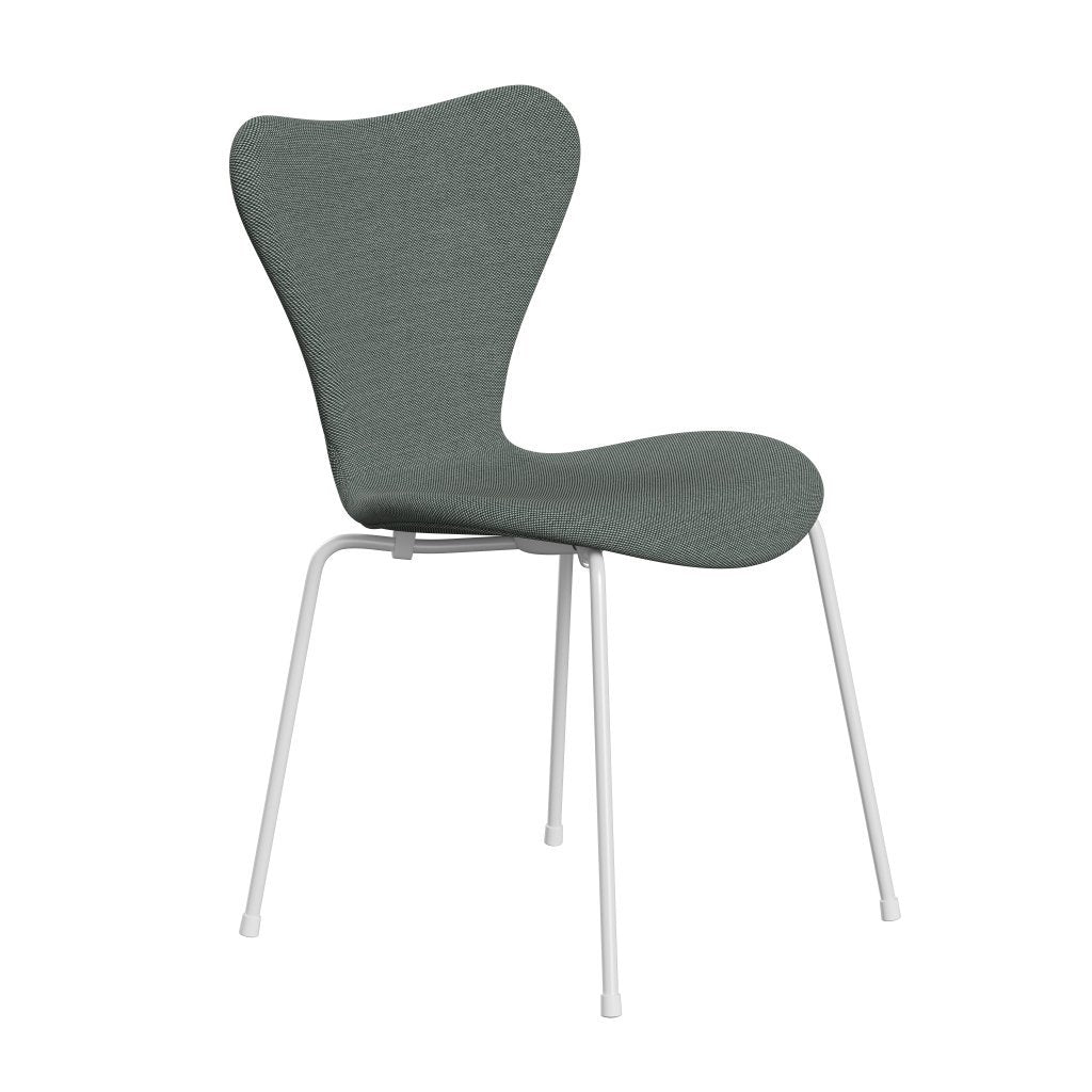 Fritz Hansen 3107 Silla tapicería completa, trío blanco/acero blanco/verde oscuro