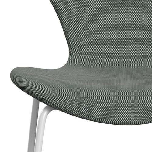 Fritz Hansen 3107 Silla tapicería completa, trío blanco/acero blanco/verde oscuro