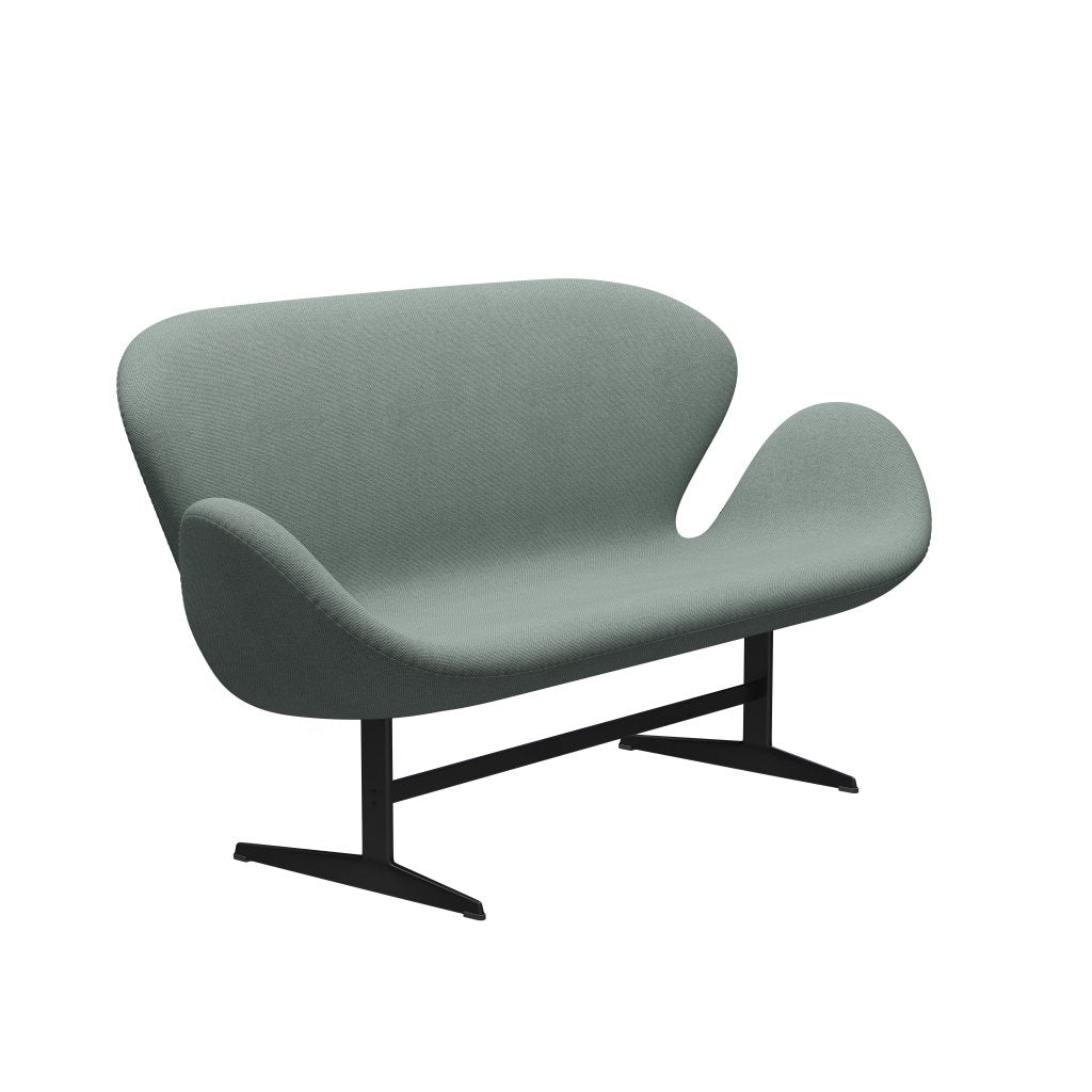 Fritz Hansen Swan Sofa 2 Sitzer, schwarzer Lack/Re Wolllicht Aquamarin/natürlich