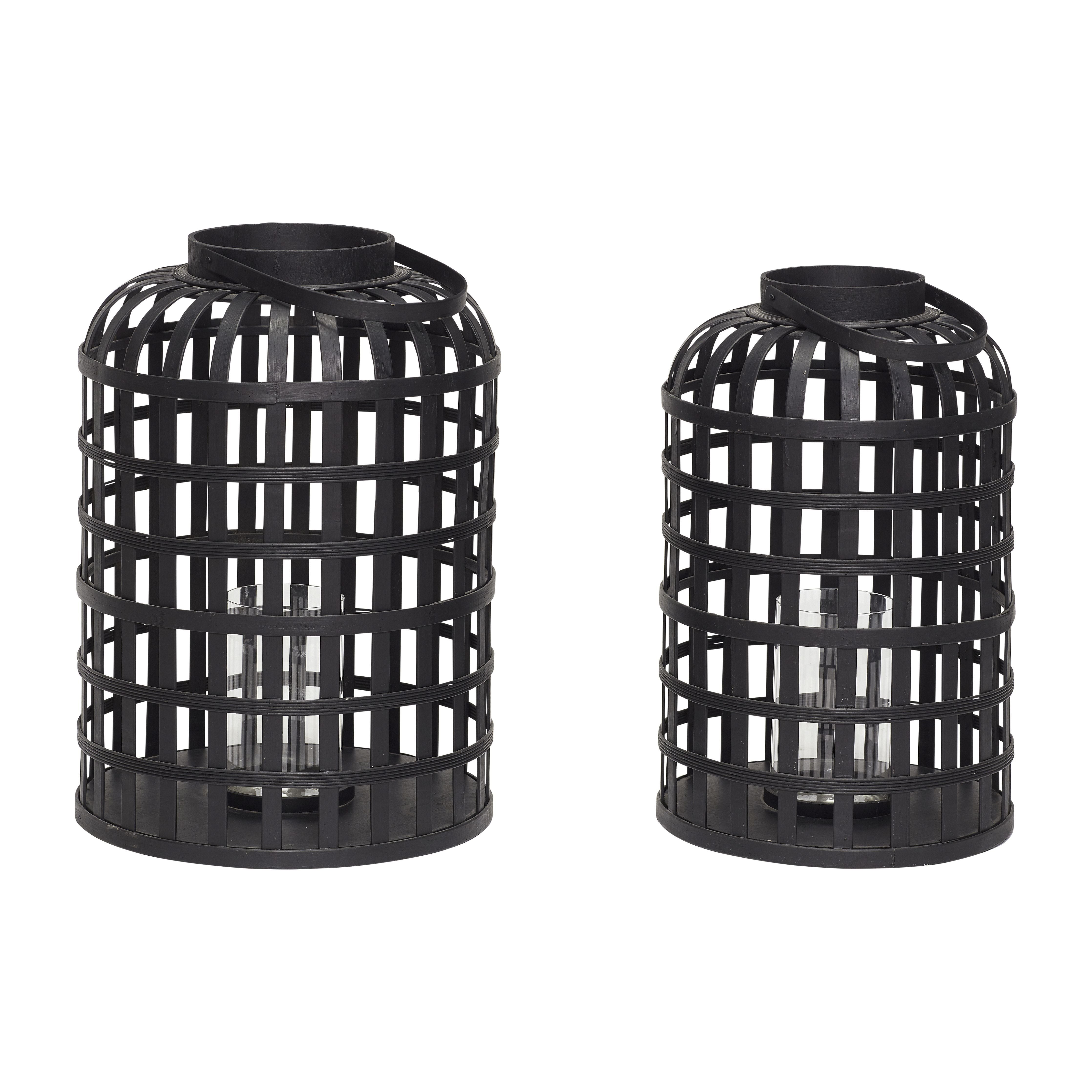 Hübsch Grid Lantern Round Bambusschwarzer 2 -Set von 2