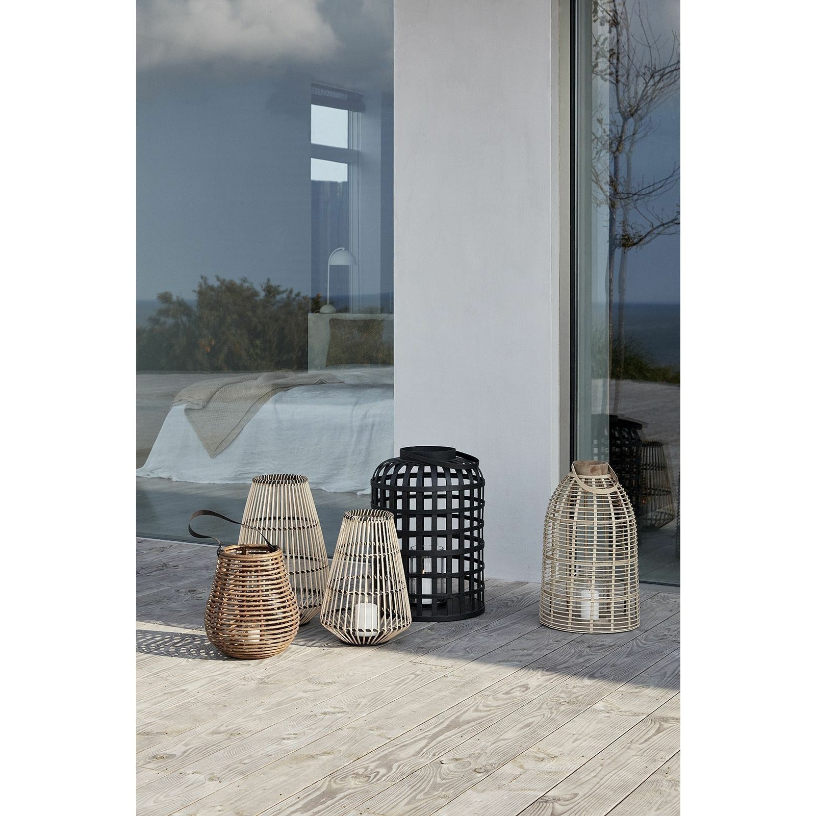 Hübsch Grid Lantern Round Bambusschwarzer 2 -Set von 2