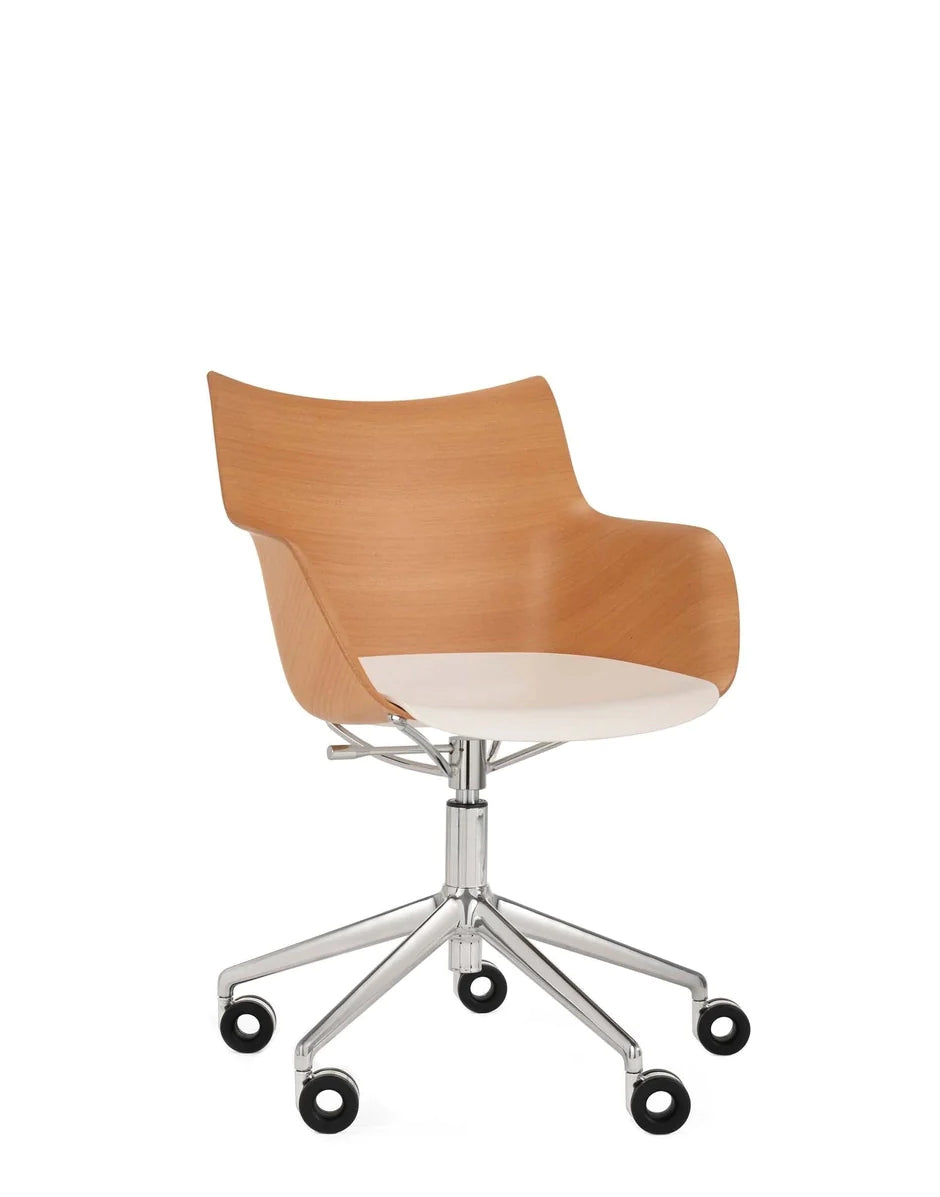 Kartell Q/Wood Armchair With Wheels, Light Wood/Chrome