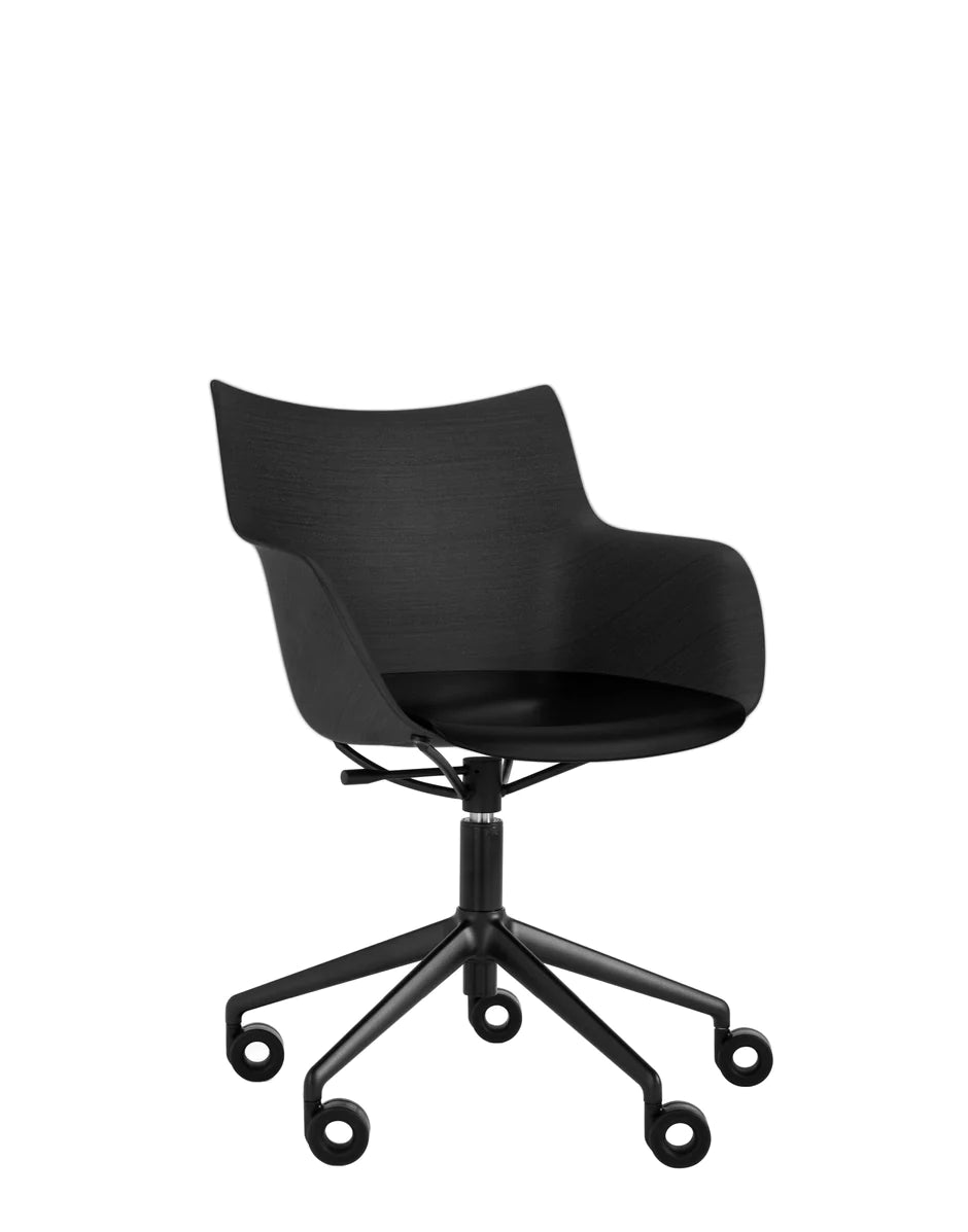 Kartell Q/Wood Armchair With Wheels, Black Wood/Black