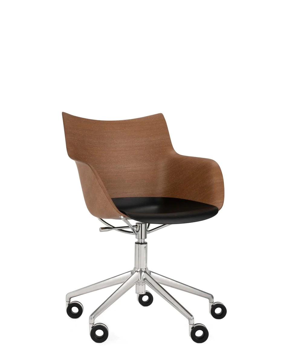 Kartell Q/Wood Armchair With Wheels, Dark Wood/Chrome