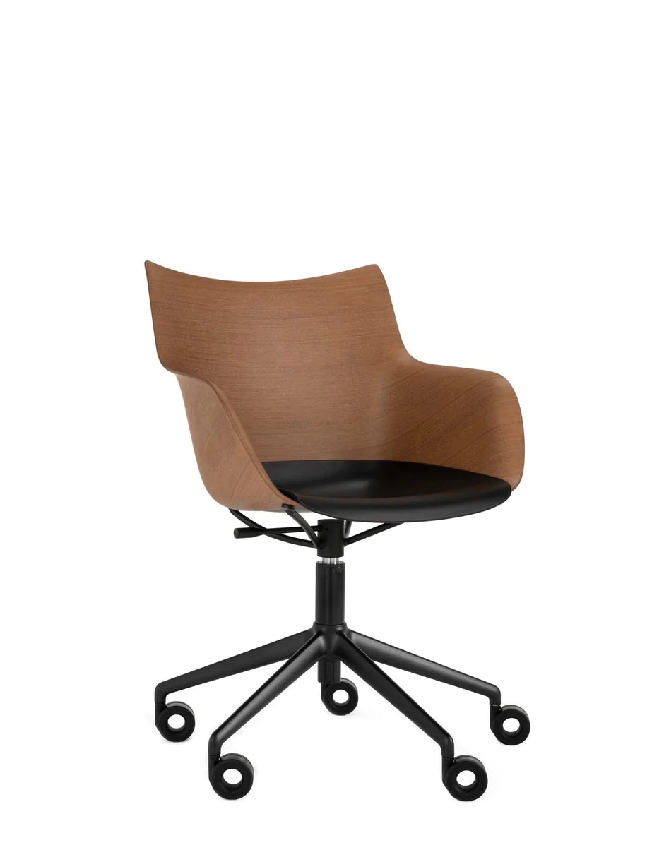 Kartell Q/Wood Armchair With Wheels, Dark Wood/Black